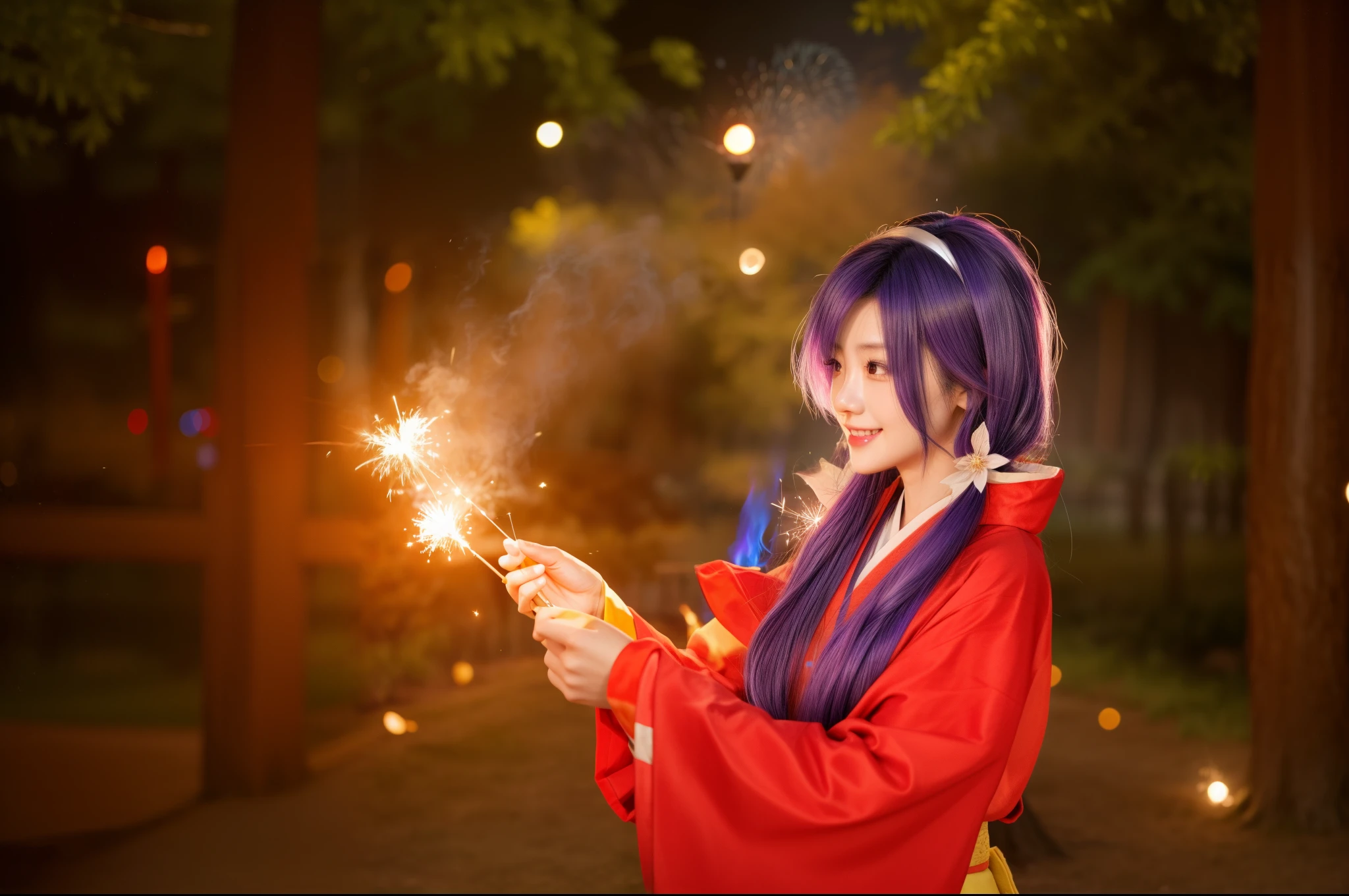((Asian girl)), her standing in the park:1.2, there is a woman in a red kimono holding a sparkler, kitsune holding torch, anime girl cosplay, anime cosplay, casting fire spell, fox nobushi, cosplay photo, fire mage, firework, female mage conjuring a spell, fireworks, cosplay, the sorceress casting a fireball, casting a fire spell, fire spell, professional cosplay, 4K, realistic texture, photorealistic:1.6, photo raw:1.66, high-quality, ultra quality:2, super realistic, ((real hair:1.633)), ((perfect face)), ((perfect beautyful eyes)), ((perfect lip)), ((mini smile)), REAL SKIN:2, (purple hair:1.163)
