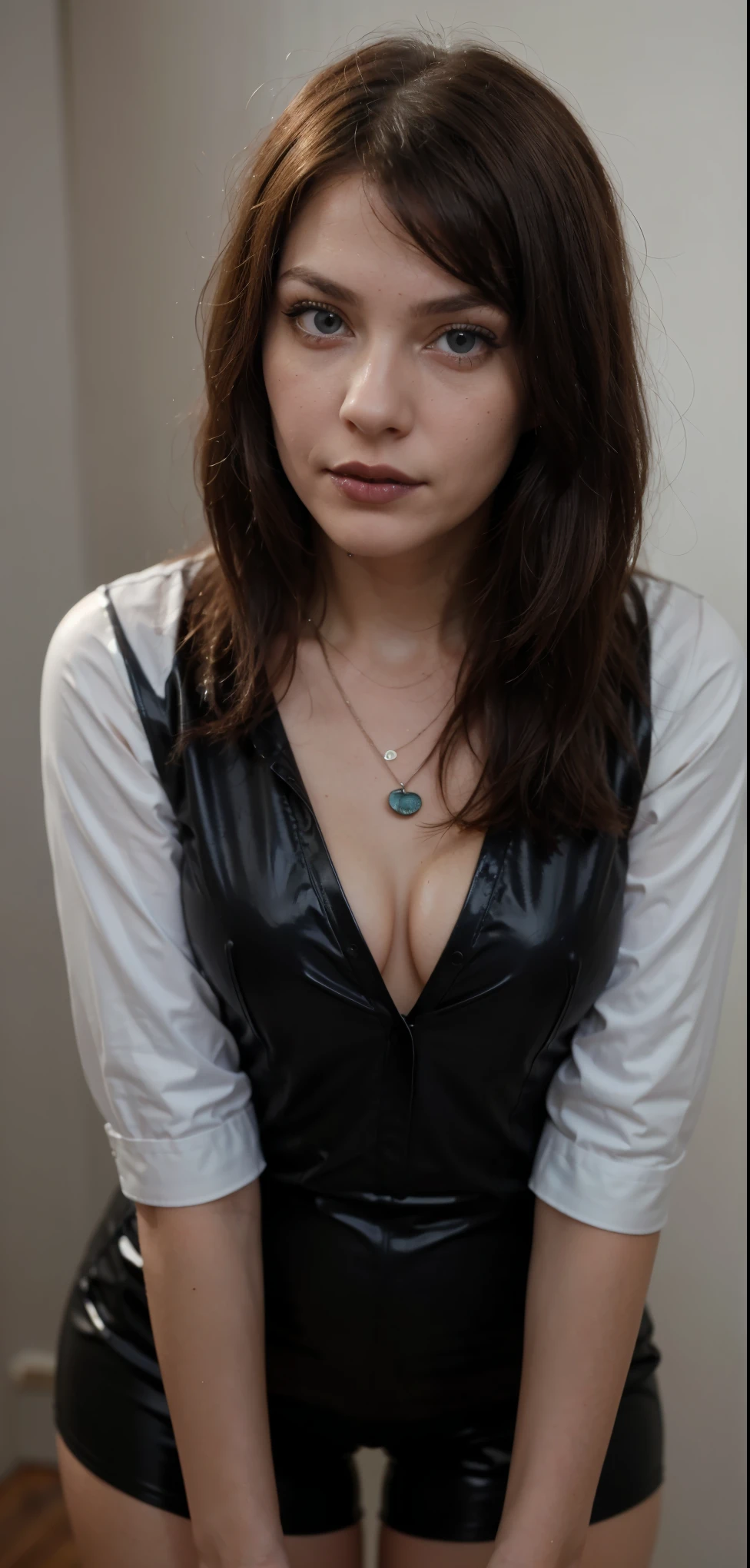 (Please generate an image of a young woman wearing a shirt and necklace. She has brown hair, bigger, eBlue eyes, and a subtle, natural makeup. The photo should show that she has no obvious makeup, She should look directly into the camera. The face should look real and natural. Full body shots of this attractive woman should feature eye-catching poses, She has sharp blue eyes. The girl has a sweet temperament, And the posture should be sweet too. Please make sure the woman&#39;s entire body is visible in the image. The background should be clear、Neatness. The details of the image should be of high quality(Best quality at best)), ((masterpiece)), (Detailed pubic hair), perfect face, ((((latex shirt, goth))))