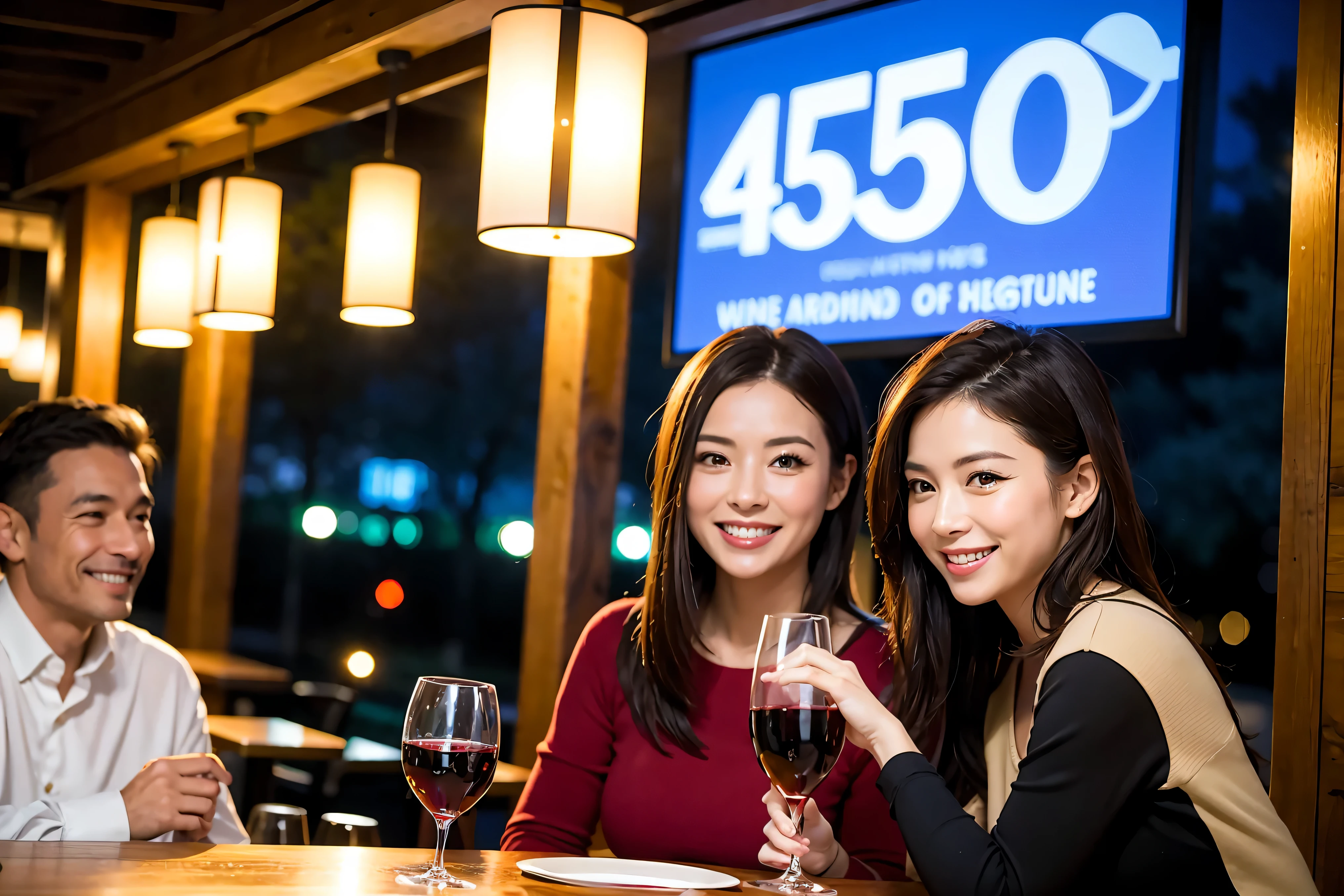 64k, UHD, highest quality, masterpiece: 1.2), (realistic, photorealistic: 1.37), Super detailed, celebration party、beauty、beautiful mature woman、3 women who love wine、three men、Tokyo、Yokohama、champagne、sparkling wine、winter night、restaurantでワイン宴会、(slimな男女4名),(Wine party for 5 people)、(slimフェイス),Happy、 最高なsmile、Fox Face、Berry Short、(because I&#39;thin), (brown hair), (shortcut), long sleeve shirt、winter fashion、Japanese、Dutch、German、Portuguese、Belgian、Italian、french, (gushing), (slimボティ), (brown hair), (shortcut), 端正なbeauty、cheeks blush a little, (34 years old), 38 years old,32 years old、40 years old、 A beautiful and detailed night view spreads out outside the window......., restaurant, wine glassが座っている, At night, in a prominent place (from the Upper body) nova frog style, actress, model, Upper body, White wine, slim, wine glass, Very beautiful night view, wine glass Put in the Middle, Happy smile, (smile: 1.15), 