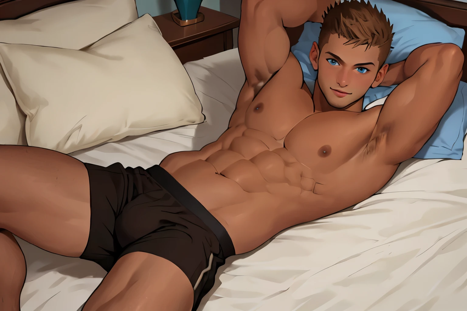 Male, athletic, tan skin, brown spiky hair, short pants, shirtless, in bed room, wear Jock strap, Semi Realistic, highly detailed, young, tall, detailed blue eyes