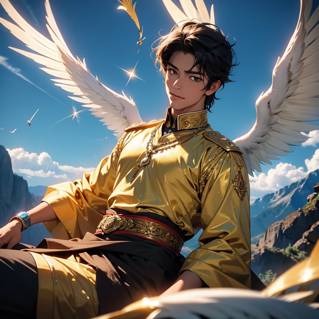 A handsome young man with golden wings flew over the mountain peak.