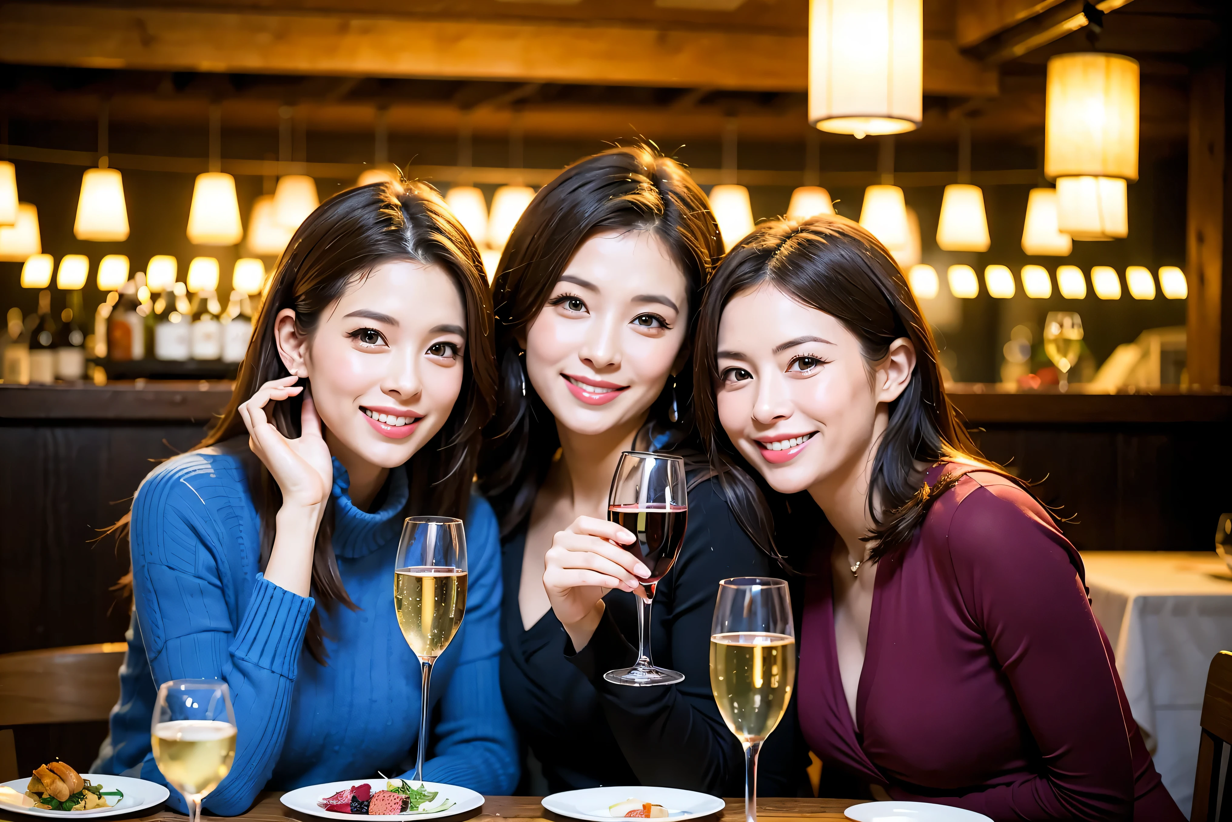 64k, UHD, highest quality, masterpiece: 1.2), (realistic, photorealistic: 1.37), Super detailed, celebration party、beauty、beautiful mature woman、3 women who love wine、three men、Tokyo、Yokohama、champagne、sparkling wine、winter night、restaurantでワイン宴会、(slimな男女4名),(Wine party for 5 people)、(slimフェイス),Happy、 最高なsmile、Fox Face、Berry Short、(because I&#39;thin), (brown hair), (shortcut), long sleeve shirt、winter fashion、Japanese、Dutch、German、Portuguese、Belgian、Italian、french, (gushing), (slimボティ), (brown hair), (shortcut), 端正なbeauty、cheeks blush a little, (34 years old), 38 years old,32 years old、40 years old、 A beautiful and detailed night view spreads out outside the window......., restaurant, wine glassが座っている, At night, in a prominent place (from the Upper body) nova frog style, actress, model, Upper body, White wine, slim, wine glass, Very beautiful night view, wine glass Put in the Middle, Happy smile, (smile: 1.15), 