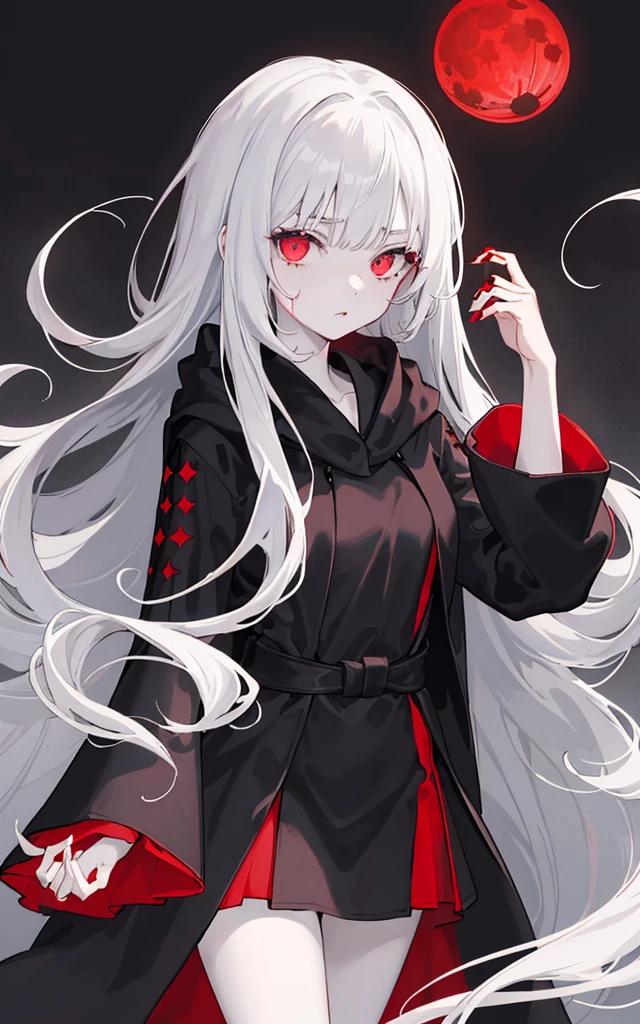 ((tmasterpiece:1.4, Best quality at best))+, (ultra - detailed)+,(Ultra-detailed eyes)+,
(Cute 1girl),15year old,(Scarlet eyes:1.15),silber hair, Very long hair,messy  hair,(wariza:1.2),Vampires,pale-skinned,shut up,sad,
(She wore a black robe:1.5),(flatchest:1.2),(shift dresses:1.4),(bright red clothes:1.2),(Skinny:1.4),
(be desperate:1.3),Gothic,
(haggard:1.3),leafs,(Vine tree:1.1),
(Bloody moon:1.2),red colour,
(Heavy monochrome:1.16),(depth of fields:1.4),