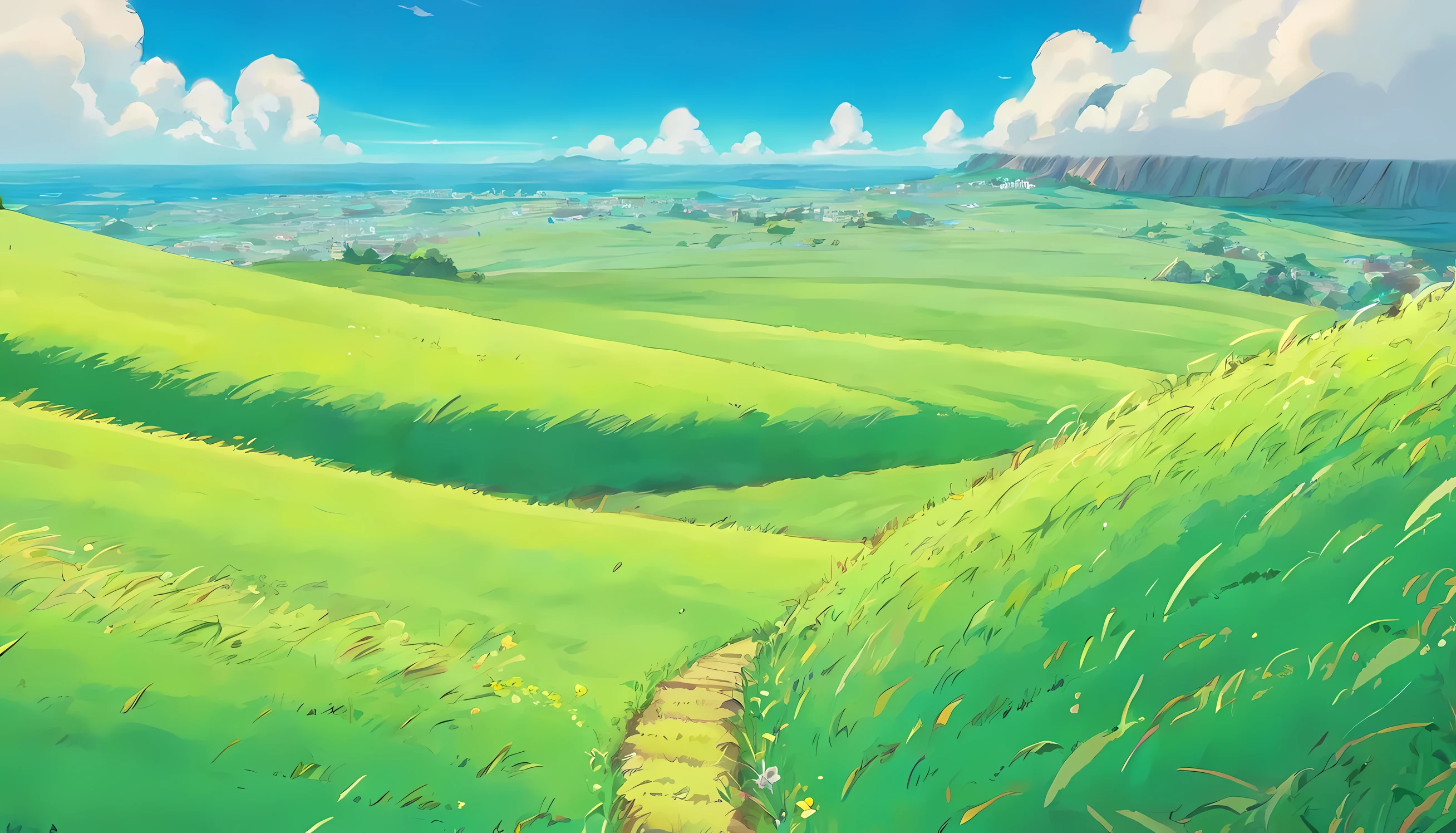 gentle grassland on the hill、A horizontal line appears in the center of the screen、clouds blown away by strong winds、Cliff on the right side of the screen