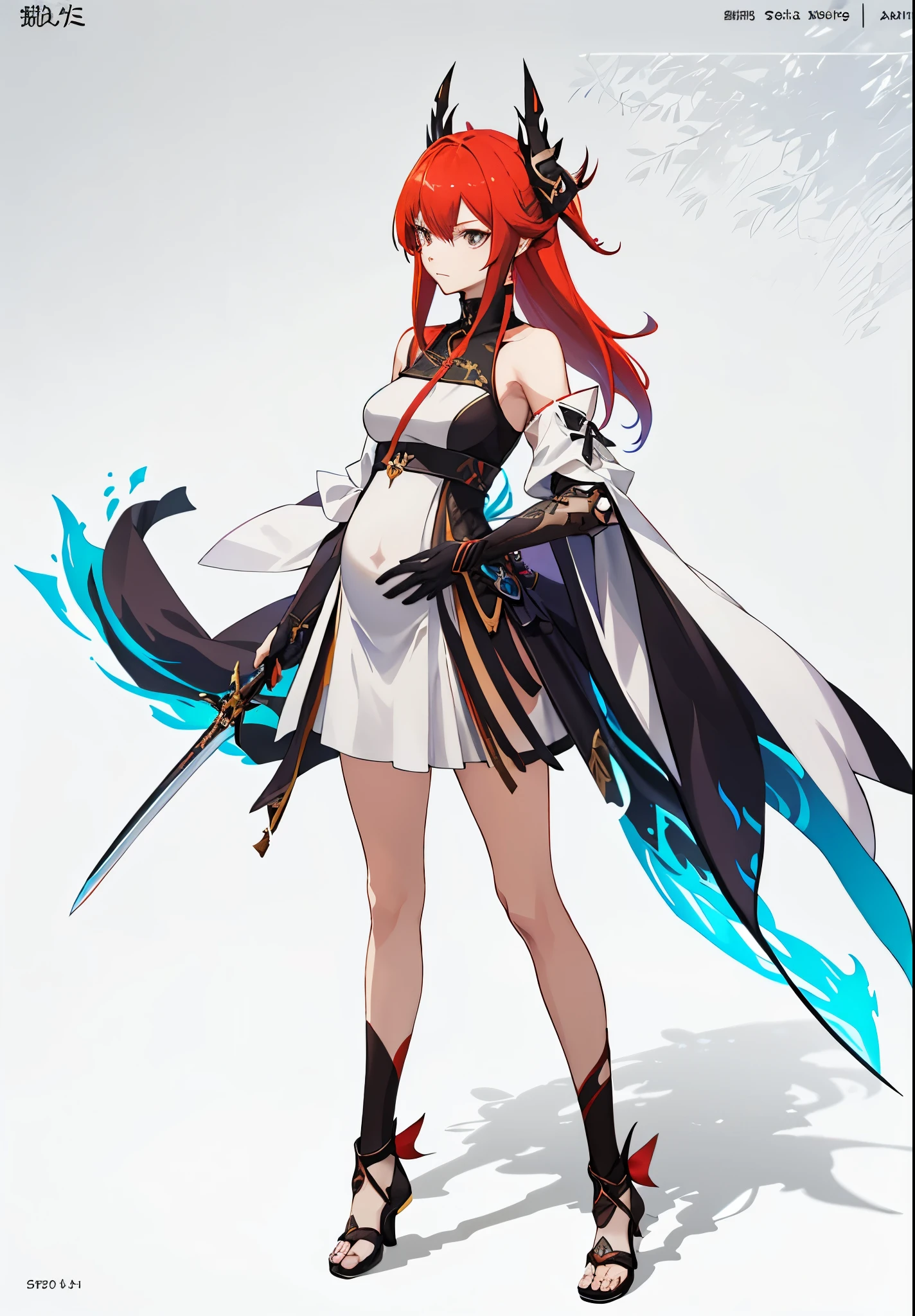 a woman in a dress holding a dagger and a dagger, video game character, from arknights, fox nobushi holding a dagger, hajime yatate, keqing from genshin impact, red haired deity, with small sword, ayaka genshin impact, female action anime girl, official character art, anime character, pregnant anime girl, fetus, hurt