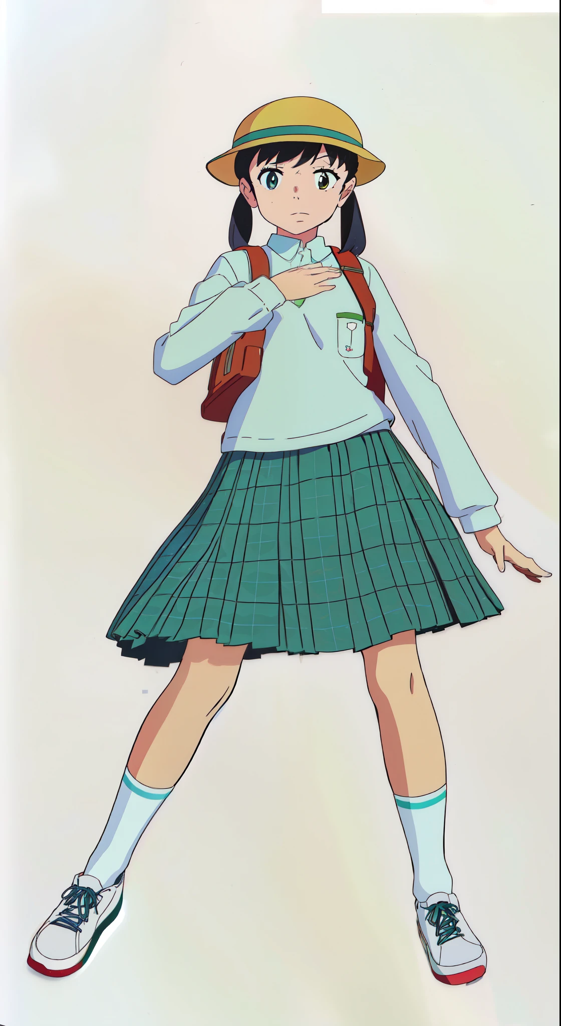 (white background:1.0), (best quality:1.0), (masterpiece:1.0), (super fine illustration:1.0), (beautiful artwork:1.0), (anime screencap:1.0), (official art:1.0), (full body:1.0), (solo:1.0), (ESGA:1.0), (a 12yo cute girl:1.0), (yellow hat:1.0), (red backpack:1.0), (long skirt:1.0), (green tartan skirt:1.0), (pleated skirt:1.0), (aqua blue polo shirt:1.0), (long sleeve polo shirt:1.0), (sneakers:1.0), (white socks:1.0), (ideal ratio body proportions:1.0), (lanky:1.0), (tall:1.0), (slender:1.0), (small breasts:1.0), (smaller face:1.0), (tareme:1.0), (detailed beautiful eyes:1.0), (detailed beautiful face:1.0), (glowing black eyes:1.0), (short hair:1.0), (low twintails:1.0), (black hair:1.0), (standing:1.0), (looking at viewer:1.0)