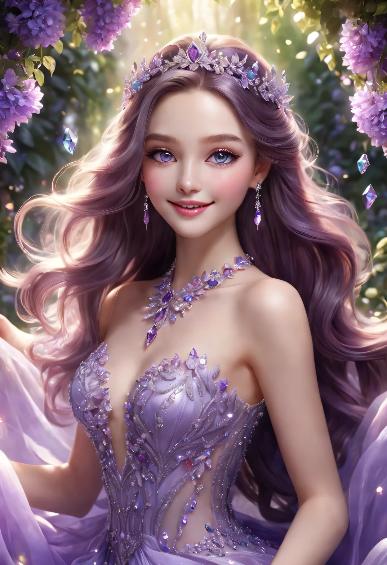 (best quality, lifelike), amethyst girl, delicate eyes, Detailed lips, long eyelashes, flowing hair, sparkling skin, magical aura, elegant dress, Smile brightly, sparkling gems, charming garden, soft sunshine, dreamlike atmosphere.