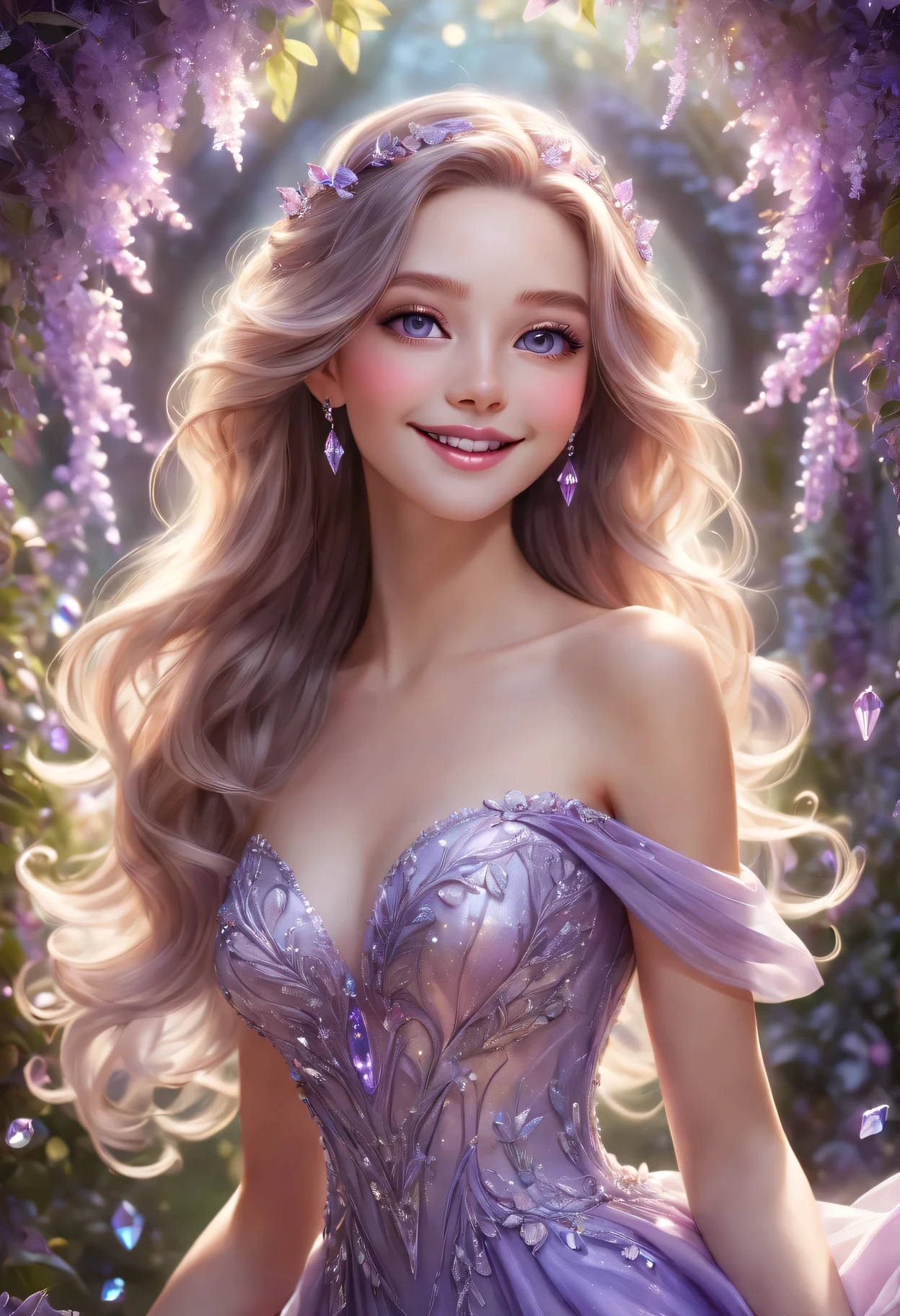 (best quality, lifelike), amethyst girl, delicate eyes, Detailed lips, long eyelashes, flowing hair, sparkling skin, magical aura, elegant dress, Smile brightly, sparkling gems, charming garden, soft sunshine, dreamlike atmosphere.