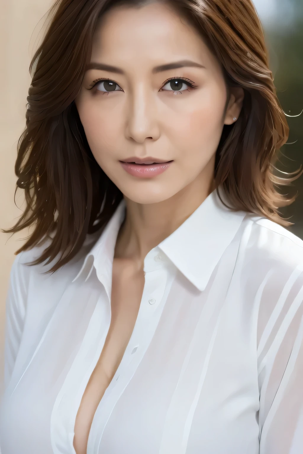 ((highest quality, 8K, masterpiece: 1.3)), sharp: 1.2, perfect body beauty: 1.4, slim abs: 1.2, ((layered hairstyles, big breasts: 1.2)), (Wet White Button Long Shirt: 1.1), (rain, street: 1.2), Wet: 1.5, Highly detailed face and skin texture, fine eyes, double eyelid, View from the side looking at the camera,Glasses,