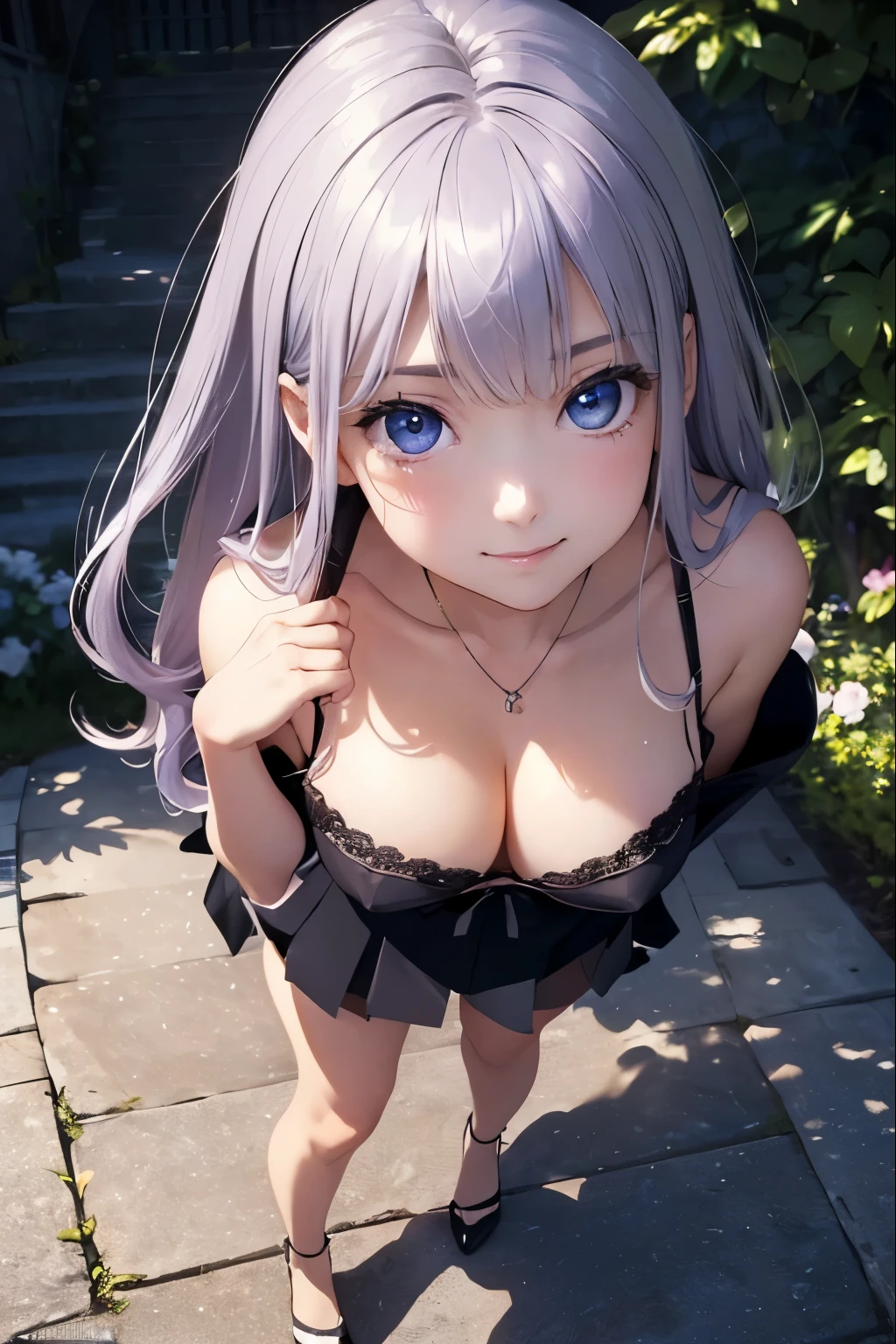 (masterpiece:1.2, highest quality), (realistic, photorealistic:1.4), beautiful illustrations, (natural side lighting, movie lighting), looking at the viewer, 1 girl, Japanese, high school girl, perfect face, Cute symmetrical face, shiny skin, gray purple hair, blue eyes, Long Eye Lasher, (medium breasts), thin, beautiful hair, beautiful face, beautiful and detailed eyes, beautiful clavicle, beautiful body, beautiful breasts, beautiful thighs, beautiful feet, beautiful fingers, ((blouse, グレーのボックスプリーツmini skirt),  Are standing, (cute smile, Please open your mouse a little), mini skirt,black stiletto, high heels,ankle,Low - Angle,Emphasize the legs,front photo,from the top of the head to the toes, thin, Standing position