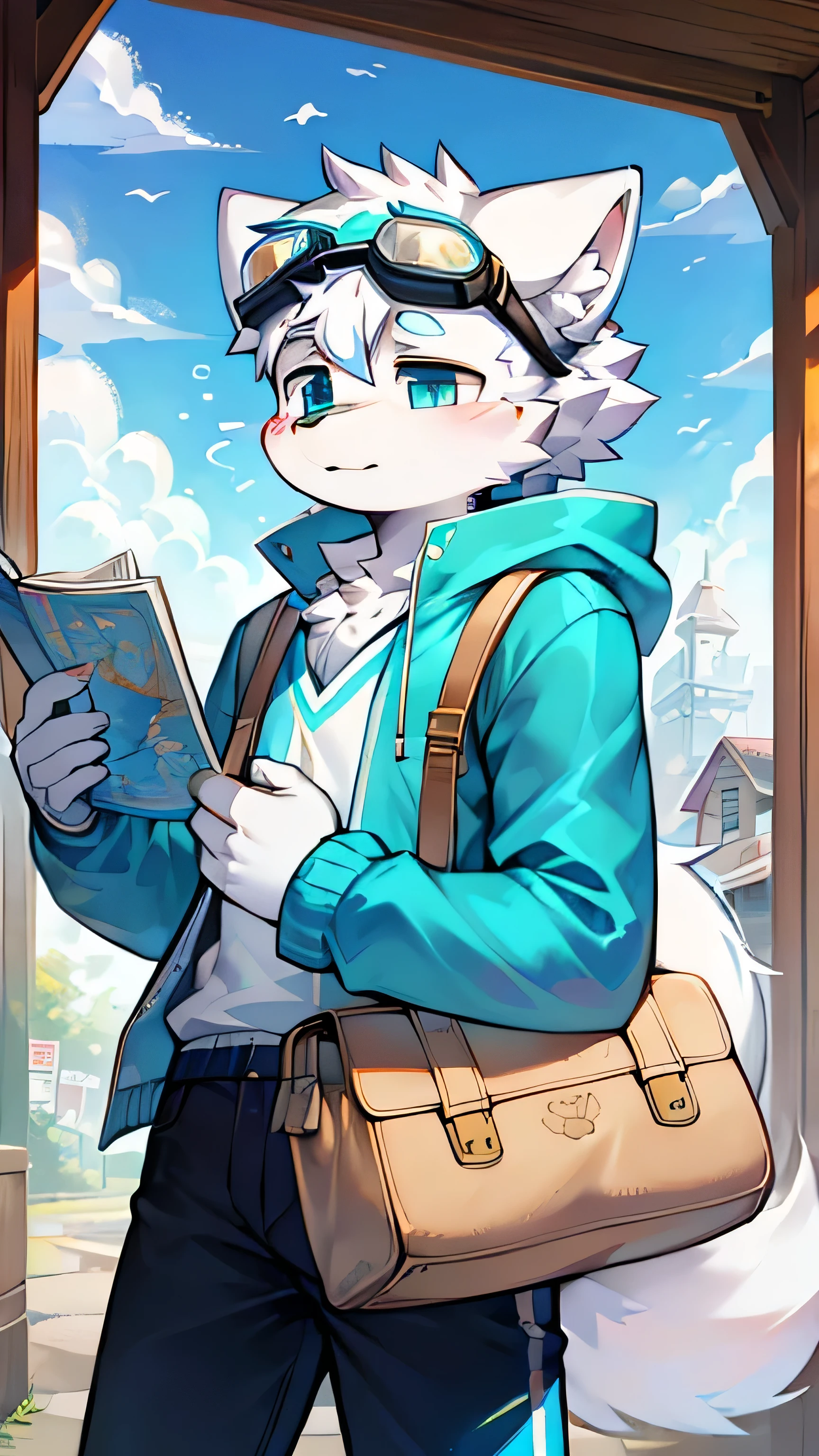 white,arctic fox,Wear goggles,carry schoolbag,windbreaker,trip,Get map,Lovely,hairy