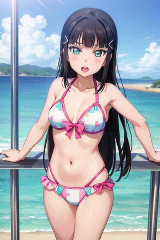 (((pixel perfect, detail perfect))), alone, 1 girl, dia kurosawa, swimsuit, looking at the viewer, open mouth