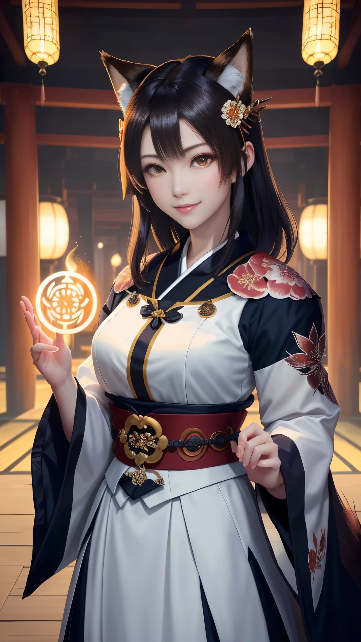 masterpiece , best quality,close up of face,smile,the whole body is facing forward,bright fox hair,sharp contrast,short hair,美しいフォルムのshort hair,just one person,precision quality,, masterpiece, japanese architectureの背景,beautiful details, colorful, delicate details, delicate lips, intricate details, genuine, ultrargenuineista, 枝に座っている色とりどりの髪のFoxを持つ女の子:Mature, bright eyes, ,色とりどりのFox, raposa de nine tails, 三尾Fox, 三尾Fox, onmyoji detail art, beautiful fine art illustration, mythical creatures, Fox, beautiful digital art,shrine maiden,japanese architecture,hold hands,exquisite digital illustration, mizutsune, Inspired by mythical wild web creatures, pixiv in digital art, shining light, high contrast, Mysterious,