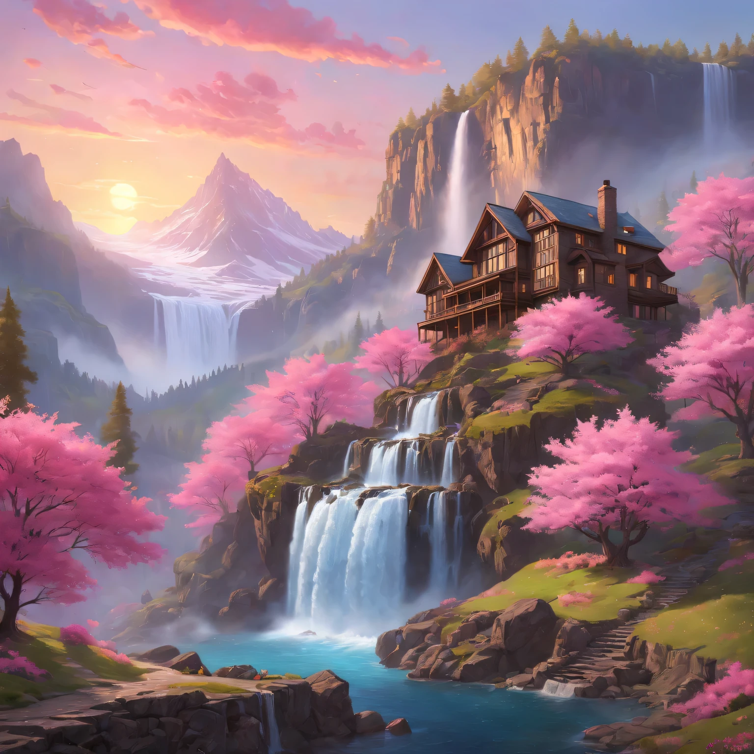 Chroma V5, nvinkpunk, analog style, a beautiful house，Located on a beautiful mountain，The hills are filled with super detailed spring pink trees, Set against the backdrop of a beautiful and authentic waterfall, Beautiful spectacular sunset, concept art, Artwork by Greg Rutkowski and Albert Bierstadt, Art Station Trend, painting, octane rendering, normal