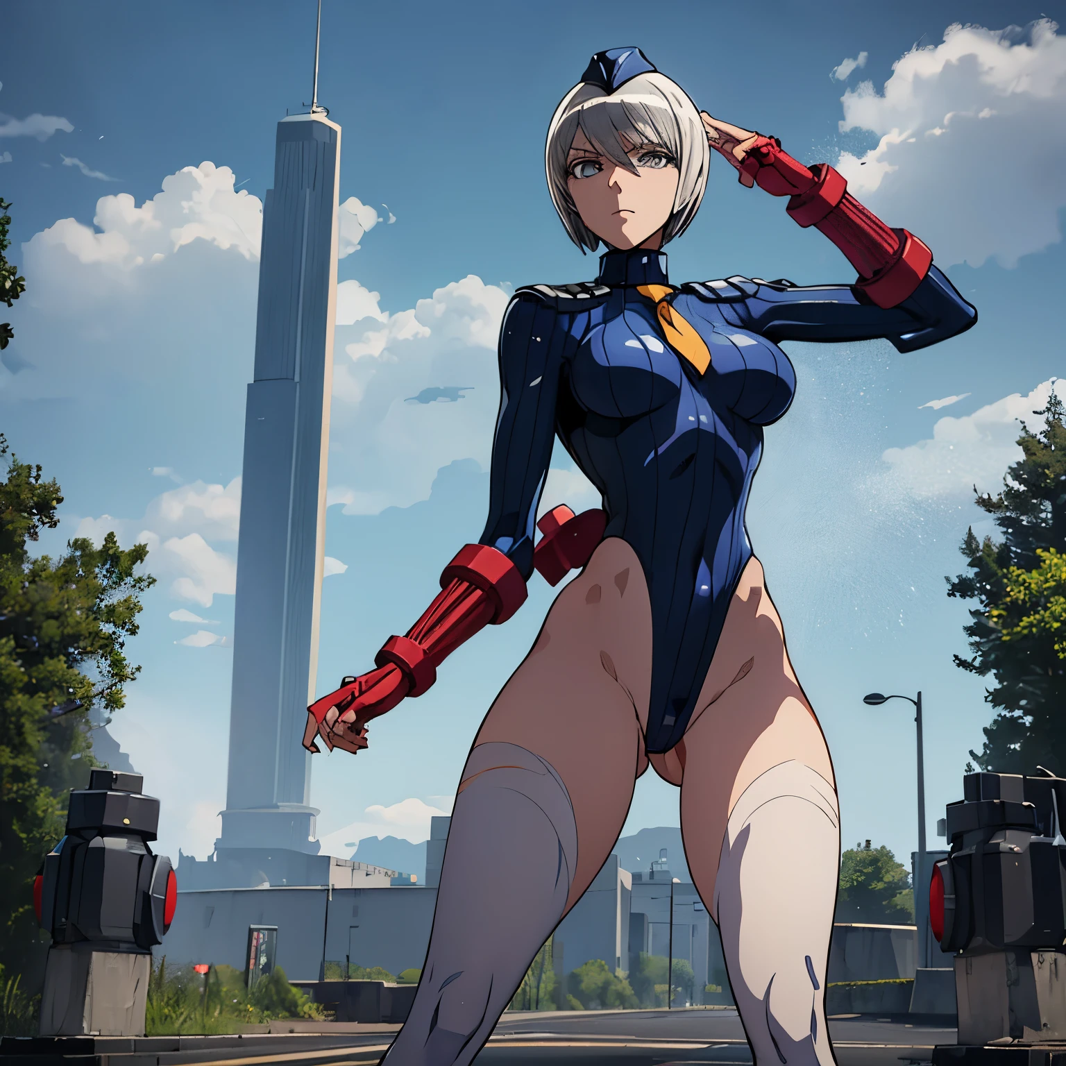 ultra-detailed, Explicit, Beautiful body, Beautiful Nose, Beautiful character design, perfect eyes, perfect face, ultra highres, 4K, beautiful legs, perfect legs, Nice hands, Perfect hand, Masterpiece, Best Quality, Highly detailed, illustration, absurdres, perfect anatomy, street fighter, doll suit, shadaloo doll, dollsuit, expressionless, looking at viewer, red gloves, emotionless, black latex, corruption, mind control, female combatant, full body, hypnotized, unhappy trance, full body suit, ribbed bodysuit, both arms at side, obey, perfect female body, extremely glossy latex, hypnosis, hypnoLora, empty eyes, Blank eyes, Mind control device, poses, submissive_pose, Slave, stand up straight, standing, standing at attention, hat, necktie, belt, latex, ribbed bodysuit, thighhighs, garter belt, Fighting Stance, extending the right arm from the shoulder into the air with a straightened hand, military, thigh boots, 1girl, hair ornaments, white hair, short hair, grey eyes, (((pixel-perfect, detail-perfect))), solo, 1girl, Eleonore, Karakuri Circus 