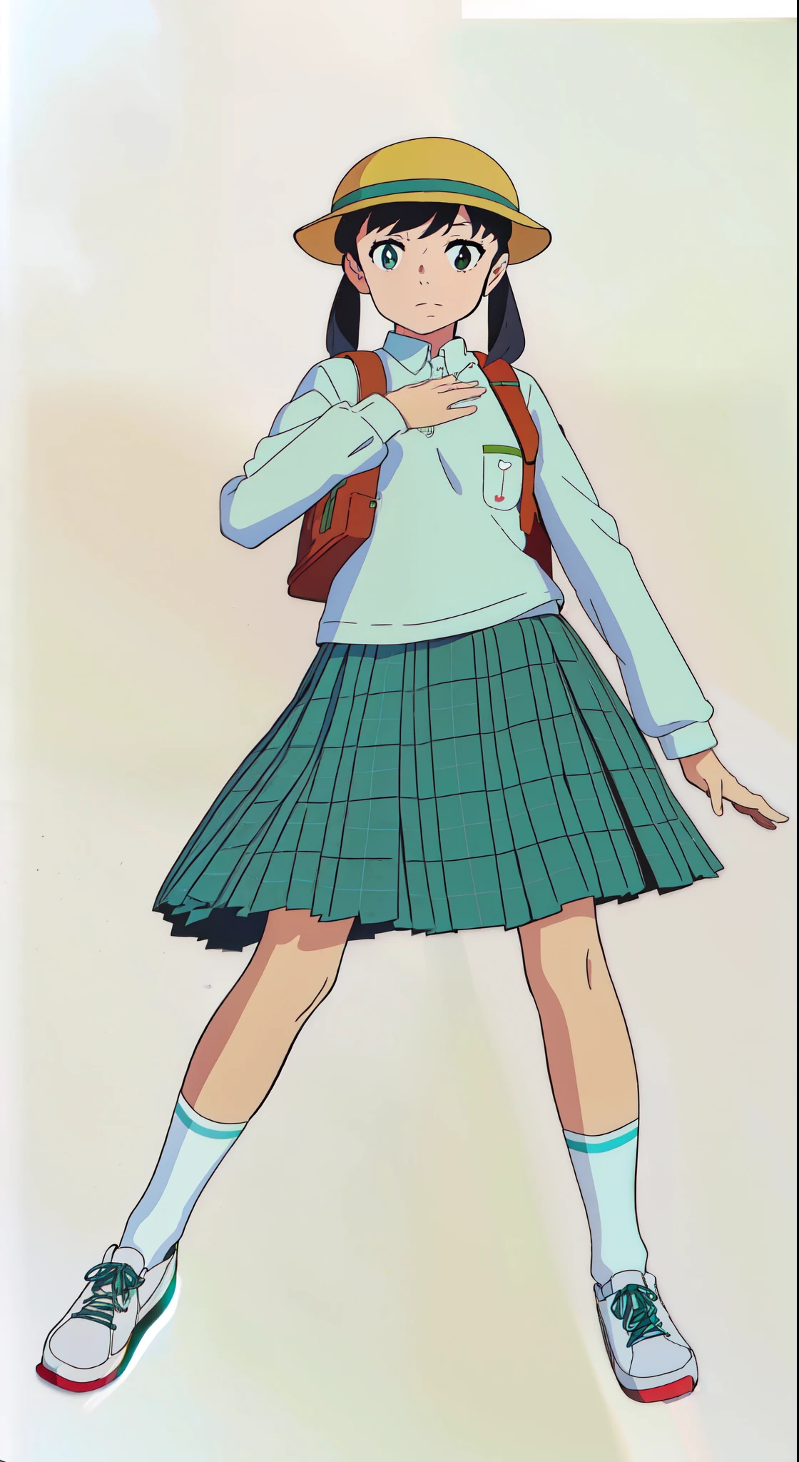 (white background:1.0), (best quality:1.0), (masterpiece:1.0), (super fine illustration:1.0), (beautiful artwork:1.0), (anime screencap:1.0), (official art:1.0), (full body:1.0), (solo:1.0), (ESGA:1.0), (a 12yo cute girl:1.0), (yellow hat:1.0), (red backpack:1.0), (long skirt:1.0), (green tartan skirt:1.0), (pleated skirt:1.0), (aqua blue polo shirt:1.0), (long sleeve polo shirt:1.0), (sneakers:1.0), (white socks:1.0), (ideal ratio body proportions:1.0), (lanky:1.0), (tall:1.0), (slender:1.0), (small breasts:1.0), (smaller face:1.0), (tareme:1.0), (detailed beautiful eyes:1.0), (detailed beautiful face:1.0), (glowing black eyes:1.0), (short hair:1.0), (low twintails:1.0), (black hair:1.0), (standing:1.0), (looking at viewer:1.0)