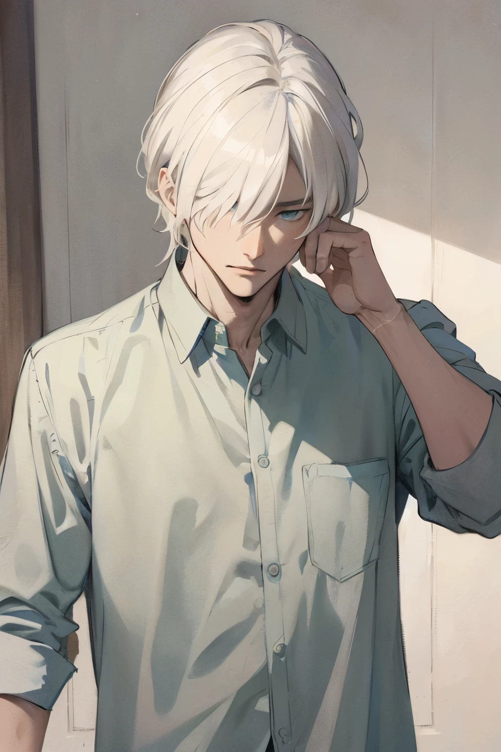 gray hairとメガネの男性のアニメ風画像, anime handsome man, Anime portrait of a handsome man, gray hair, handsome anime pose, Tall anime guy with blue eyes, anime male characters, gray hair deity, gray hairの, anime youth, shigenori soejima illustration, nagito komaeda, his cartoon portrait