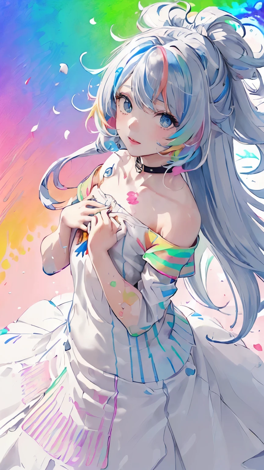（Pink fashion T-shirt：1.9），(colorfulな髪: 1.8), (all the colours of the rainbow: 1.8),(((((vertical painting：1.6))), （painting：1.6），front, comics, figures, paintings, Big eyes, clear eyes,（ Rainbow color gradation high ponytail：1.7）, Exquisite makeup, closed mouth,(Small Fresh: 1.5),(Wipe Chest: 1.6) ，long eyelashes, White Off-Shoulder T-Shirt, white shoulder shirt，looking at the audience, Large watery eyes, (rainbow colored hair：1.6), カラーsplash, （alone：1.8）, カラーsplash, explosion of colors, thick paint style, Messy lines, ((shining))，(colorful), (colorful), (colorful), colorful, Thick paint Style, (splash) (Color splash), Vertical painting, Upper body, paint splash, Acrylic Pigment, Slope, paint, best image quality, highest quality, masterpiece, alone, Depth of bounds written, Face paint, colorful clothes, (elegant: 1.2), nice,long hair, Wind, (elegant: 1.3), (petal: 1.4)，(((masterpiece))),(((highest quality))),((super detailed)),(figure),(dynamic angle),((floating)),(paint),((messy hair)),(alone),(1 girl) , (((Detailed anima face))),((beautiful detailed face)),collar,bare shoulders,gray hair, ((colorful hair)),((striped hair)),beautiful and fine eyes,(Slope color eyes),(((colorful eyes))),(((colorful background))),(((high color saturation))),(((surrounded by colorful splashes))),