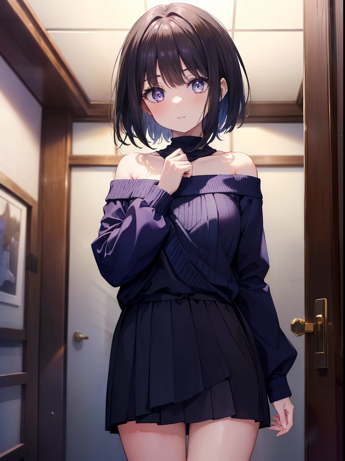 Takiinoue, Takina Inoue, short hair, bangs, , black hair, (purple eyes:1.2),smile,blush,blue off shoulder sweater,bare shoulders,long skirt,indoor slippers,entrance,night,
break indoors, indoor entrance,
break looking at viewer, (cowboy shot:1.5),
break (masterpiece:1.2), highest quality, High resolution, unity 8k wallpaper, (figure:0.8), (beautiful and fine eyes:1.6), highly detailed face, perfect lighting, Very detailed CG, (perfect hands, perfect anatomy),