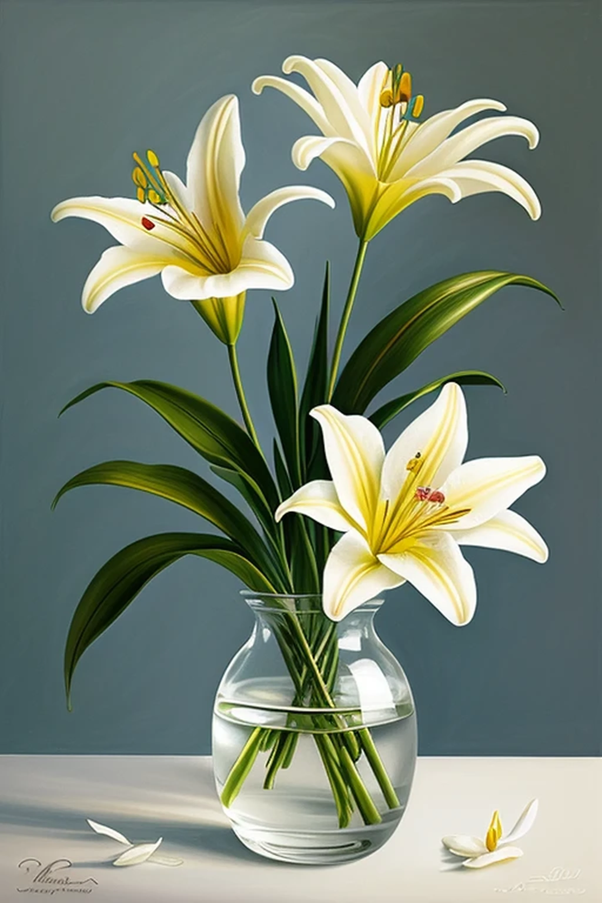 hand painted lily flower, oil painting, vibrant colors, delicate brushstrokes, detailed petals, realistic rendering, soft lighting, high resolution, artistry, traditional style, still life, graceful composition, subtle shadows, fine art, botanical, nature-inspired, tranquil atmosphere, masterful technique, realistic impression, elegant subject, fresh and vibrant, timeless beauty, exquisite details, classic elegance, rich textures, smooth transitions, intense pigments, luminescent quality, fluid brushwork, poetic interpretation, harmonious color palette, serene and peaceful, lifelike realism, sophisticated aesthetics.