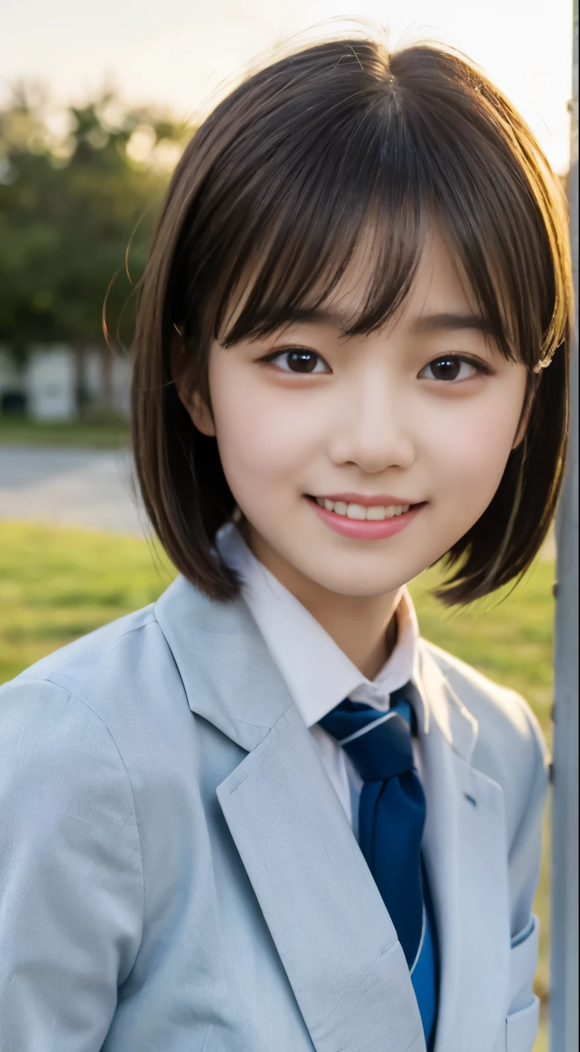 (highest quality,8K quality,masterpiece:1.3),(Super high resolution,Photoreal:1.4,Raw photo),(super detailed,caustics,detailed background),(ultra-realistic capture,Beautifully detailed skin,perfect anatomy),at dusk,sunset sky,school building,schoolyard,18-year-old,cute,single eyelid,black short bob,School Blazer Uniform,look at the camera,laughter,bust up shot,natural soft light