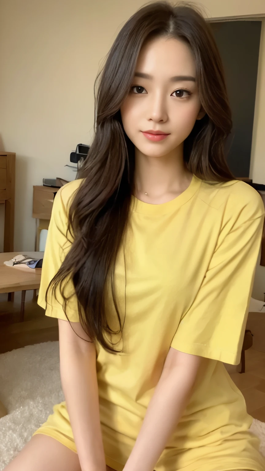 ((top-quality、8k、masterpiece:1.3))、Beautiful woman with perfect body:1.4、slim abdomen:1.2、Longhair, normal breast, Highly detailed facial and skin texture, A detailed eye, delicate eyes, double eyelid, (smile), (full body shot), ((living room)), (sitting on sofa), (((wearing yellow t-shirt with short pants)), looking in front