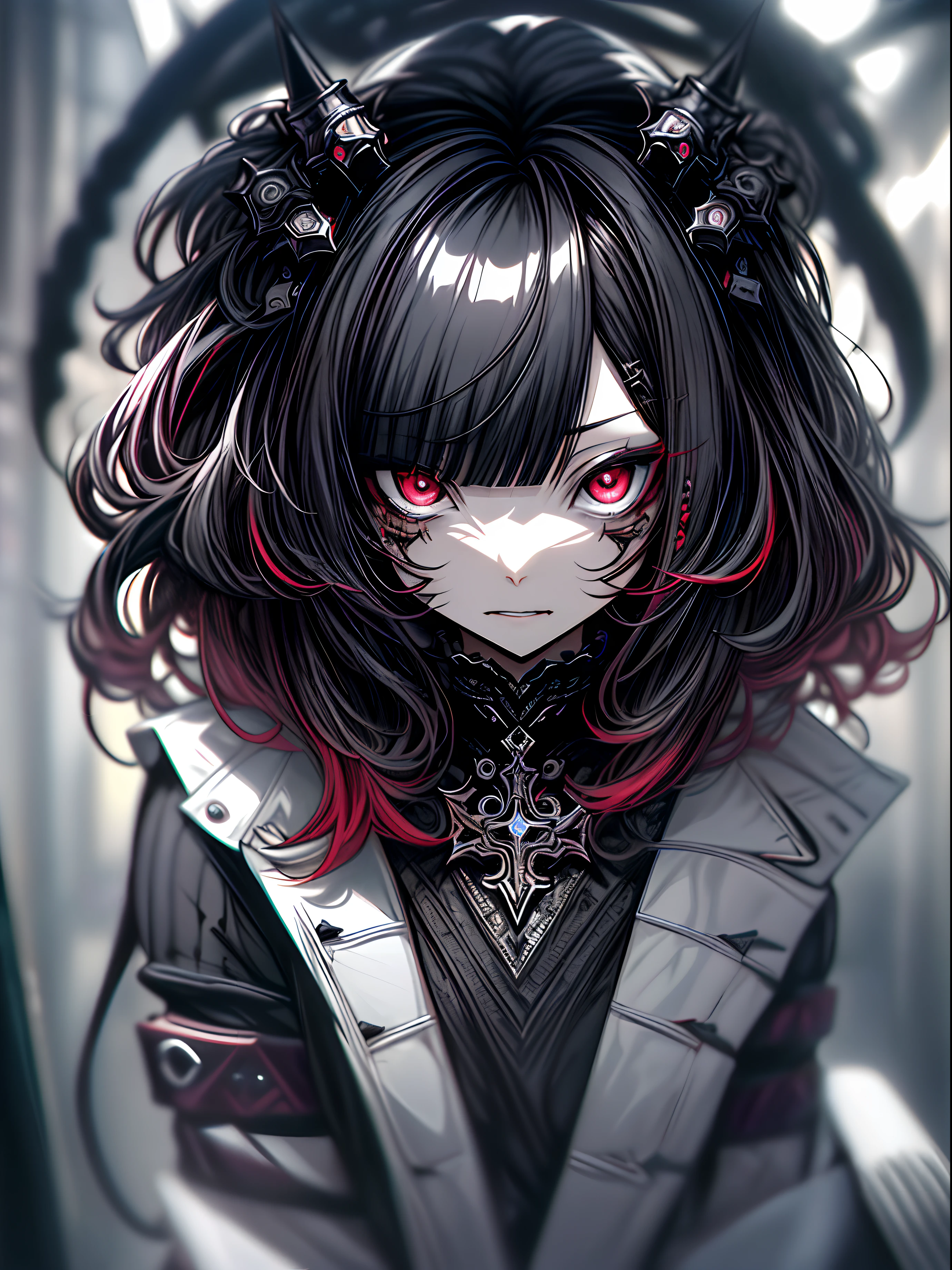 Have a smartphone、red eyes、mobile phone、iphone、Full body、A dark-haired、Gothic punk、A dark-haired、Blunt bangs、Ahegao ( Silly / Sexual ecstasy)、Cross-eyed、Stranger、View other people、Blunt bangs、 over-kneehighs,Ahegao , Silly,Sexual ecstasy,Drunken eyes,Blunt bangs,(masutepiece:1.2, Best Quality), (finely detailed beautiful eye: 1.2), (Detailed background,Dark Fantasy), (beautifull detailed face), High contrast, (Best Illumination, extremely delicate and beautiful), ((Cinematic Light)), Colorful, Hyper Detail, Dramatic light, Intricate details,