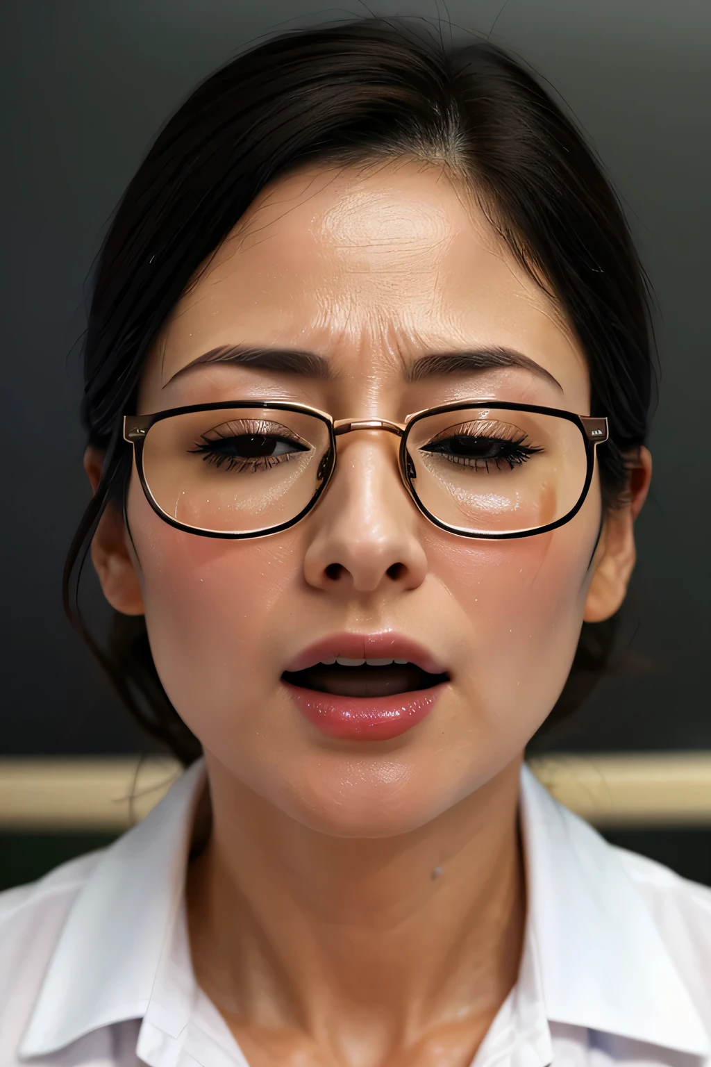 beautiful japanese actress,(photo realistic:1.4), (hyper realistic:1.4), (realistic:1.3),very detailed, edge orgasm,face Focus, woman with open mouth and closed eyes , woman with edge _face、35 years old、black haired、CNN news anchor、very small toilet,((Sweat)),((skin shining with Sweat))((Clabrasion glistening with Sweat,face shining with Sweat)),（(Sweatばんだ肌))((Sweaty skin)),classroom、In front of the blackboard,Glasses、white collared shirt,tied hair、teacher,