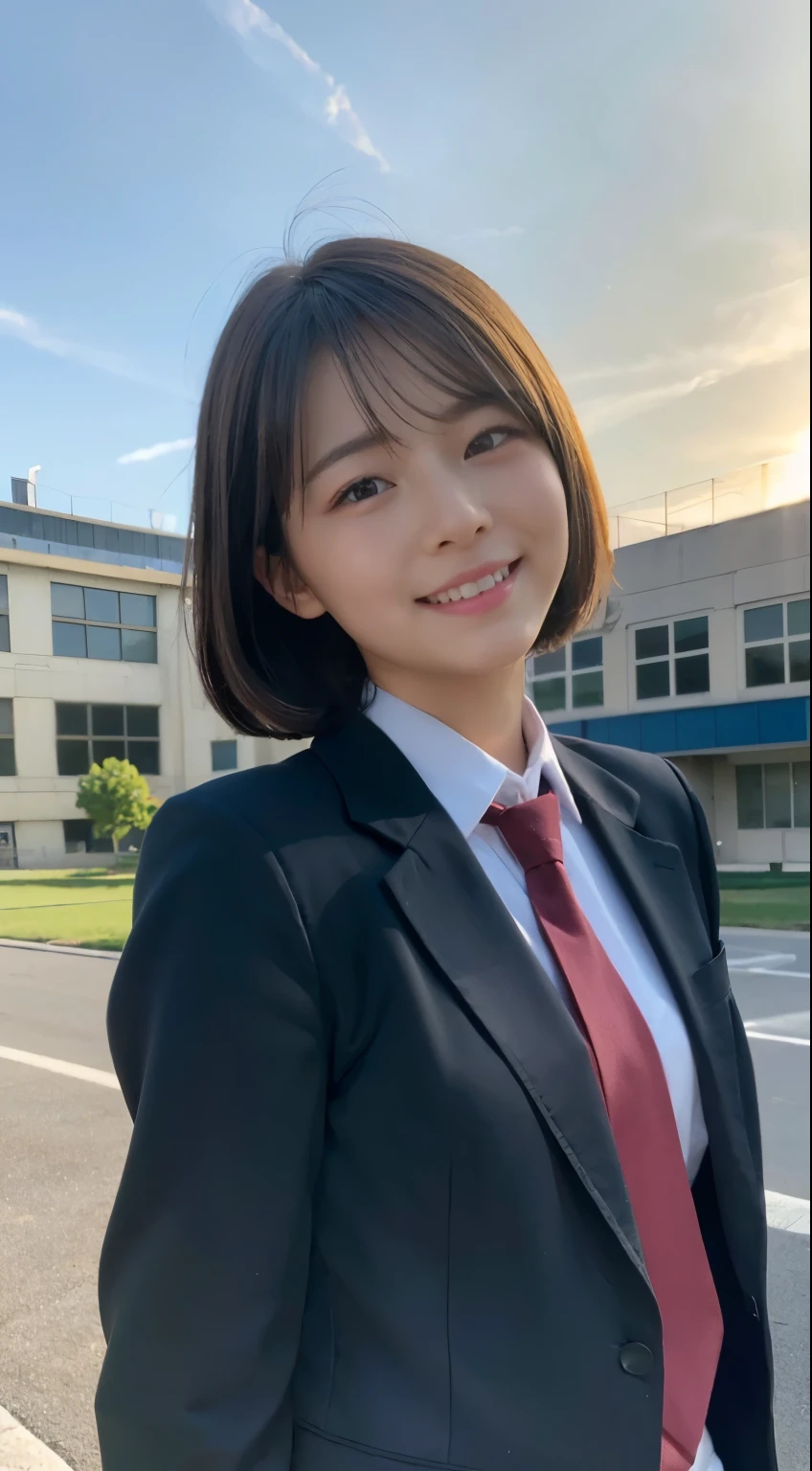 (highest quality,8K quality,masterpiece:1.3),(Super high resolution,Photoreal:1.4,Raw photo),(super detailed,caustics,detailed background),(ultra-realistic capture,Beautifully detailed skin,perfect anatomy),at dusk,sunset sky,school building,schoolyard,18-year-old,cute,single eyelid,black short bob,School Blazer Uniform,look at the camera,laughter,bust up shot,natural soft light