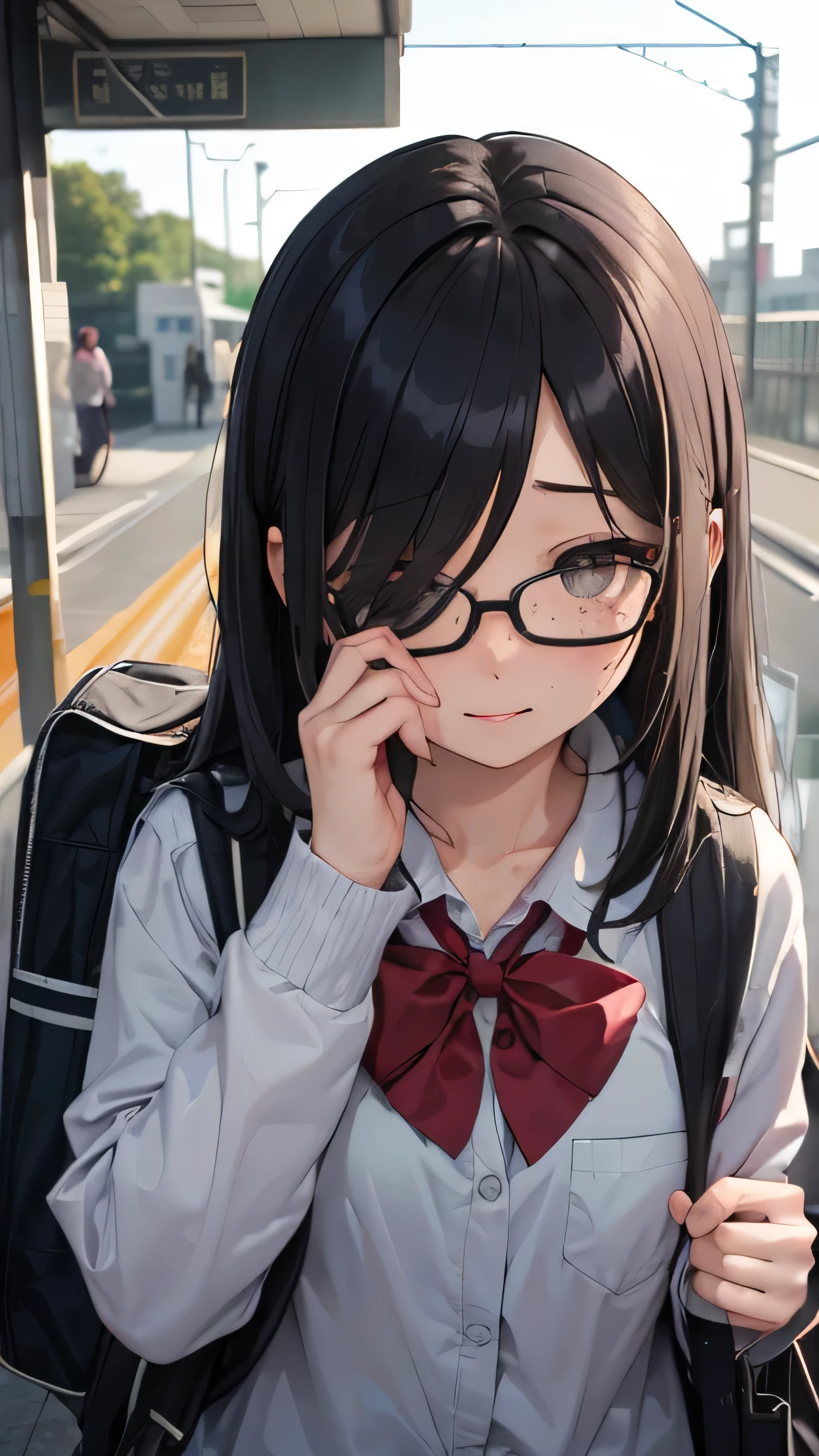 summer、station platformでWaiting for the train、thick、Sweat、、high school girl、summer服のセーラー服、student bag、、low length、(((((Eyes hidden by long bangs)))))、((([freckles:0.8]、long black hair:1.2　hair band)))(((Black Rim Glasses:1.2　black eye)))、strong sunlight、thicksummerの昼間、station platform、Waiting for the train、looking here、Side view、whole body,official art、High resolution、Detail view、hyper detail、