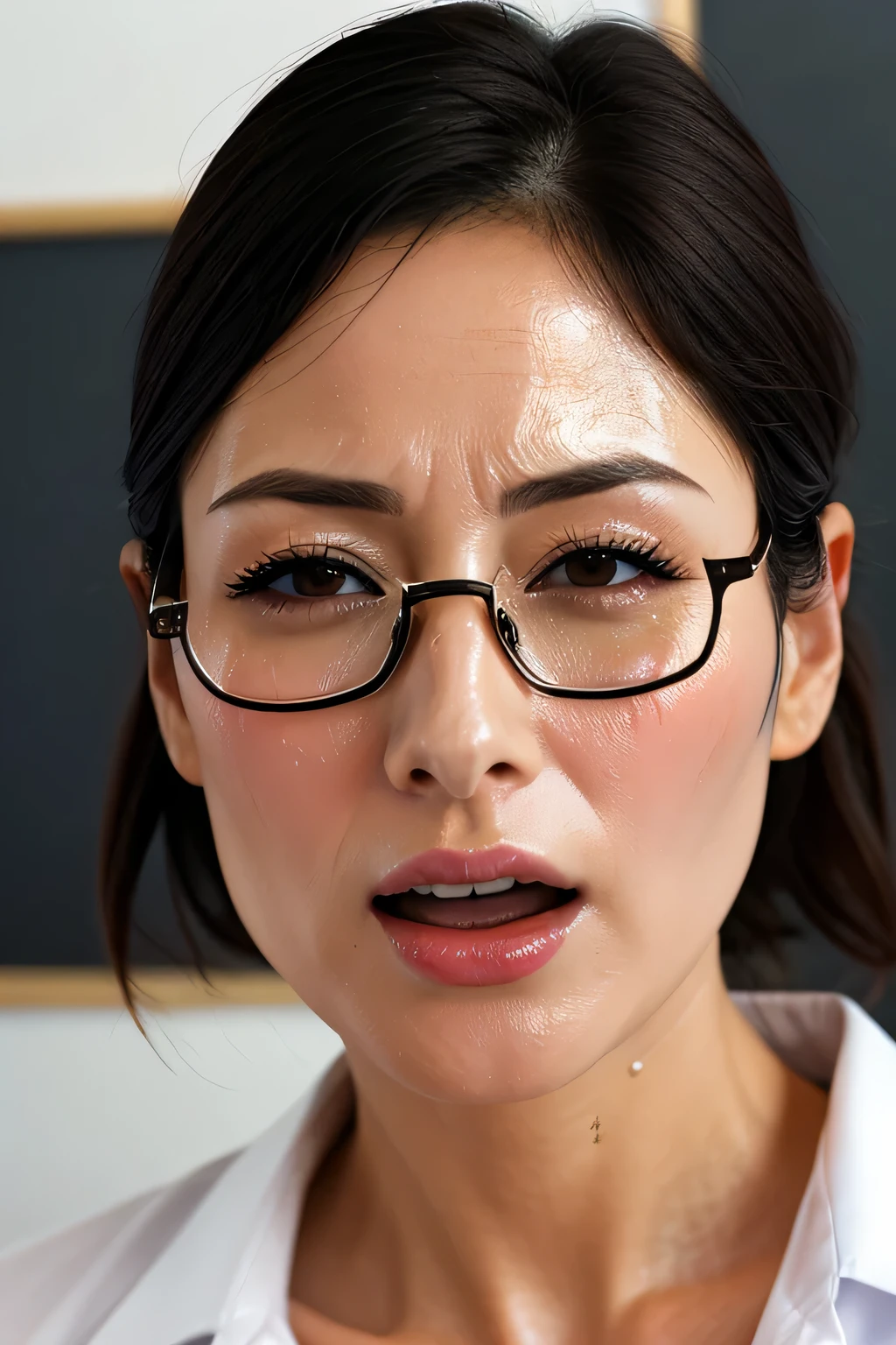 beautiful japanese actress,(photo realistic:1.4), (hyper realistic:1.4), (realistic:1.3),very detailed, edge orgasm,face Focus, woman with open mouth and closed eyes , woman with edge _face、35 years old、black haired、CNN news anchor、very small toilet,((Sweat)),((skin shining with Sweat))((Clabrasion glistening with Sweat,face shining with Sweat)),（(Sweatばんだ肌))((Sweaty skin)),classroom、In front of the blackboard,Glasses、white collared shirt,tied hair、teacher,