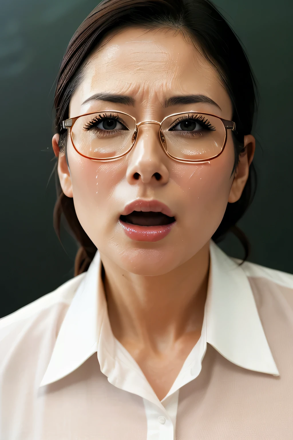 beautiful japanese actress,(photo realistic:1.4), (hyper realistic:1.4), (realistic:1.3),very detailed, edge orgasm,face Focus, woman with open mouth and closed eyes , woman with edge _face、35 years old、black haired、CNN news anchor、very small toilet,((Sweat)),((skin shining with Sweat))((Clabrasion glistening with Sweat,face shining with Sweat)),（(Sweatばんだ肌))((Sweaty skin)),classroom、In front of the blackboard,Glasses、white collared shirt,tied hair、teacher,