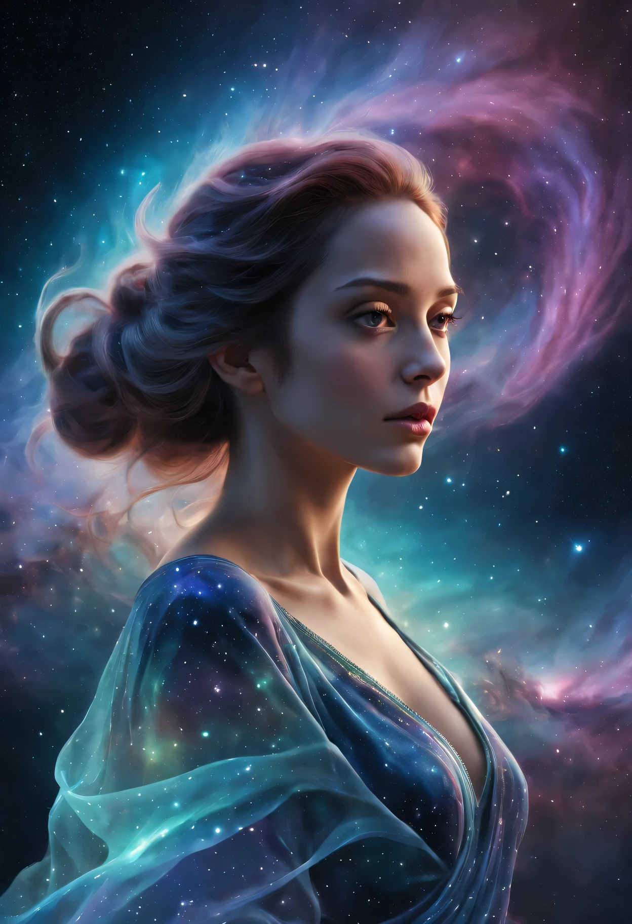 (best quality,4K,8k,high resolution,masterpiece:1.2),Super detailed,(actual,photoactual,photo-actual:1.37),night sky, ethereal cosmic entity (translucent female:1.5), beautiful, fantastic, fantastic, Celestial map, Amazing starry sky, Mysterious galaxies, Sparkling constellations, Vibrant nebulae, swirling colors, Glowing moon, Radiating auroras, charming stardust, otherworldly atmosphere, celestial glow, Infinitely vast, ethereal beauty, The existence of transcendence, captivating energy, Celestial harmony, Heavenly tranquility, cosmic serenade, Ethereal whisper, The mesmerizing dance of the universe, Divine elegance, sky light, cosmic barrier