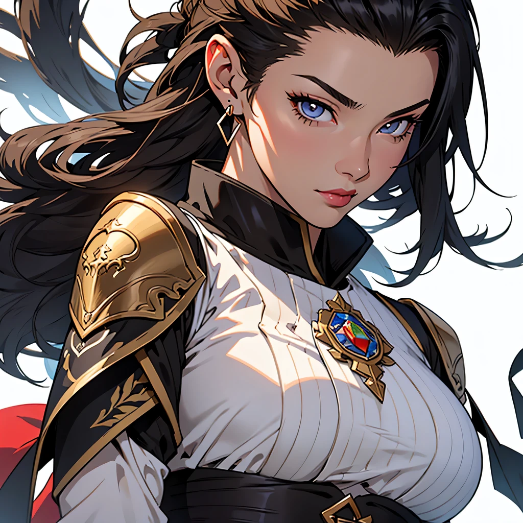 anime, masterpiece, best quality, by professional artist, female, solo, portrait, detailed composition, detailed eyes, detailed hair, white background, Asian, , mature, lipstick, earring, short black slick back hair, wearing brown medieval armor