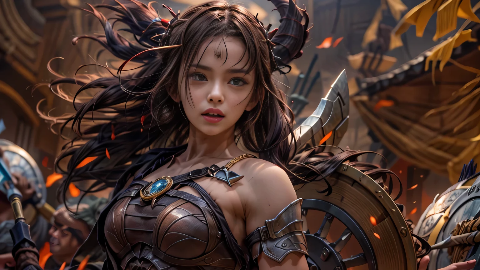 ((very delicate))best picture quality, ((The background is the center of a fierce battlefield.)), Full body of a beautiful female warrior, Full body with buttocks visible, female viking, bikini, big bust, red light armor, Exquisite dark brown hairstyle, sound, spleen, roar, bright eyes, very detailed details, axe, circular shield, break your own power, 가슴골이 드러나는 big bust，R-18G, More detailed 8K.Unreal Engine, masterpiece, best quality,object object], (Detailed facial features), (4k detail),(realist, photorealism),((precise proportions))