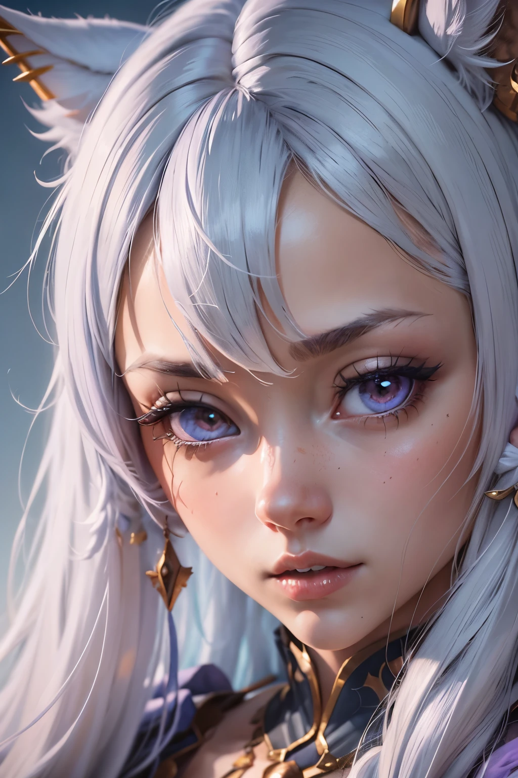 Unicorn anthropomorphic female high detail white hair purple pupils