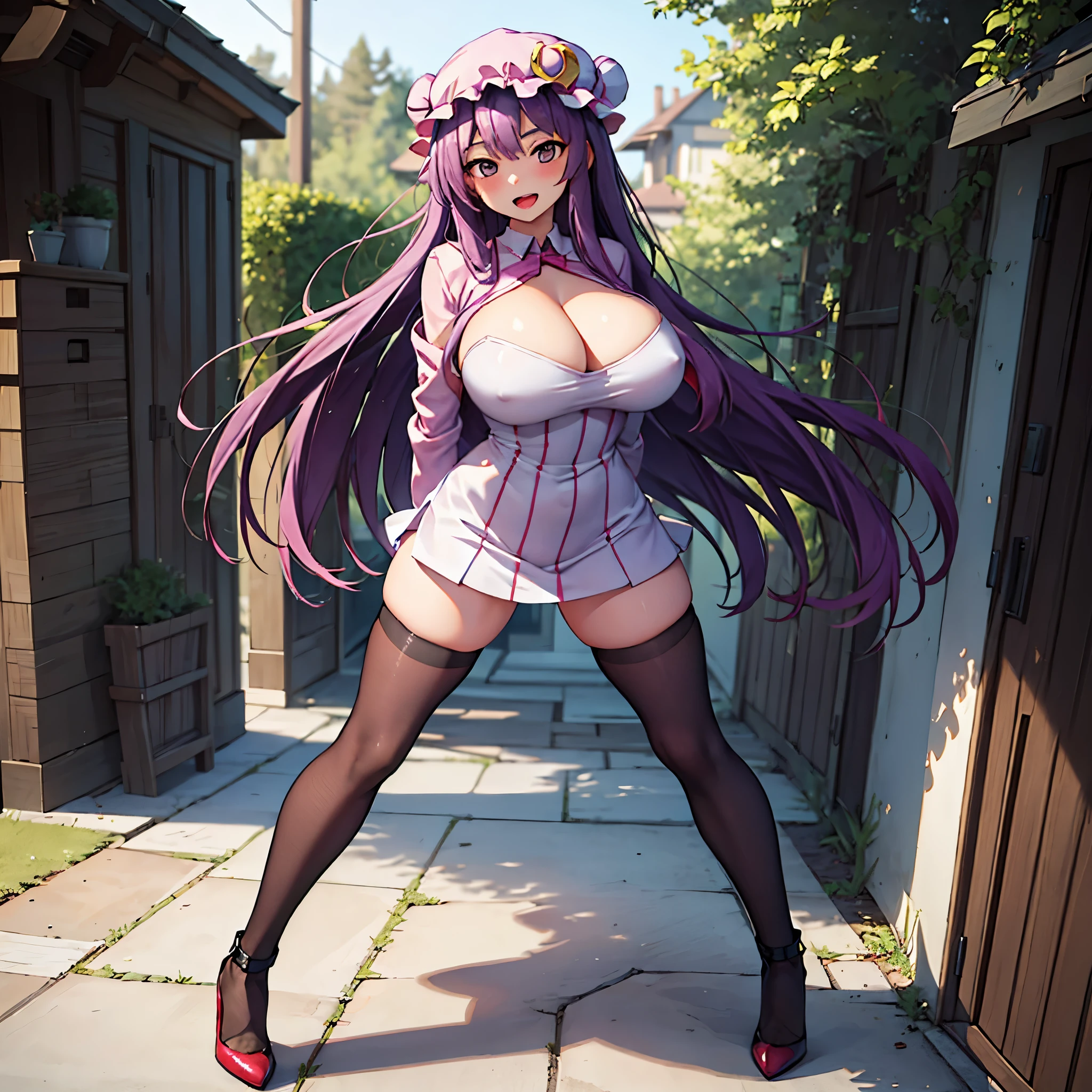 (Patchouli toho character), (standing at lakeside forest), outside, (standing with open legs wide:1.6), (arms behind back:1.3), (bending back:1.2), tiptoe, (pigeon toed), BREAK, (disproportionately gigantic huge perky breasts:1.3), cleavage, bouncing breasts, inconceivably thin waist, very short torso, (thin long legs apart:1.3), BREAK, very short miniskirt, thigh gap, (black thighhighs:1.2), highheels, BREAK, smile for viewer, open mouth, nose blush, full body
