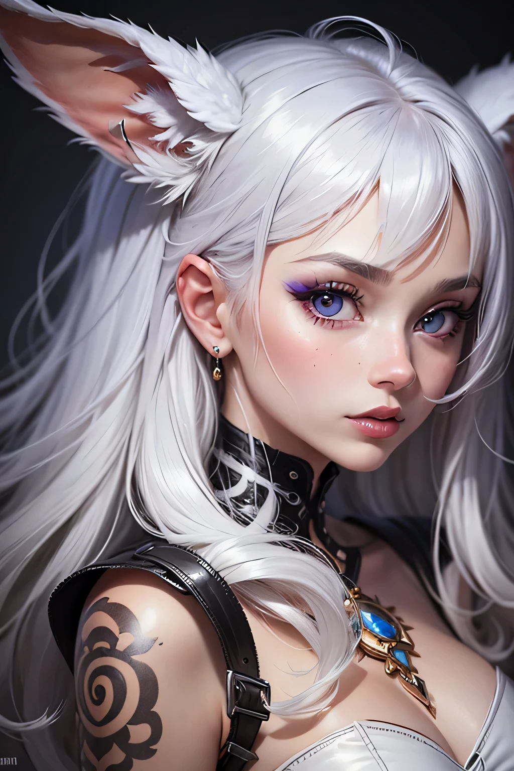 Unicorn anthropomorphic female high detail white hair purple pupils