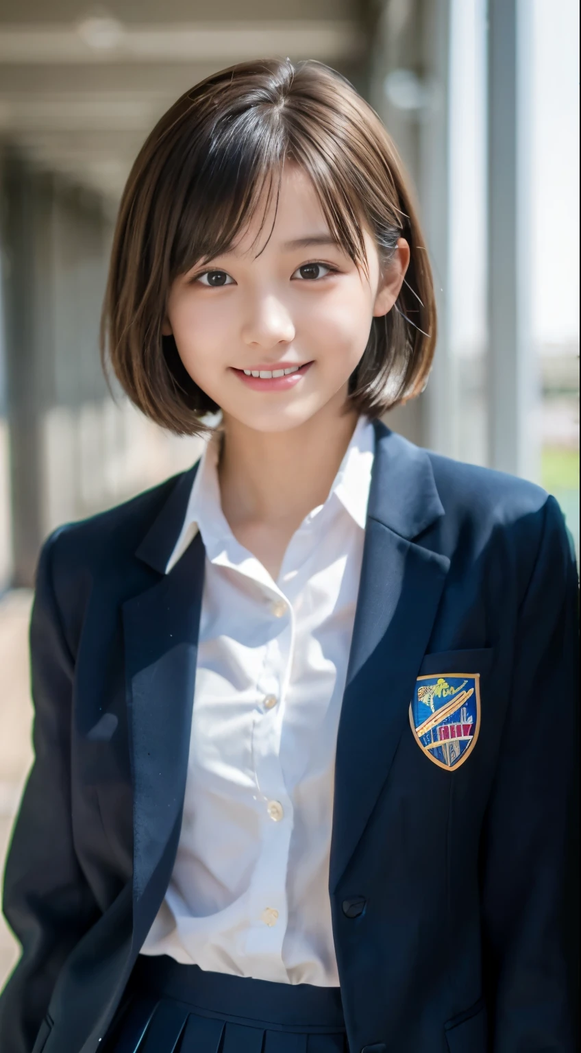 (highest quality,8K quality,masterpiece:1.3),(Super high resolution,Photoreal:1.4,Raw photo),(super detailed,caustics,detailed background),(ultra-realistic capture,Beautifully detailed skin,perfect anatomy),at dusk,sunset sky,school building,schoolyard,18-year-old,cute,single eyelid,black short bob,School Blazer Uniform,look at the camera,laughter,bust up shot,natural soft light