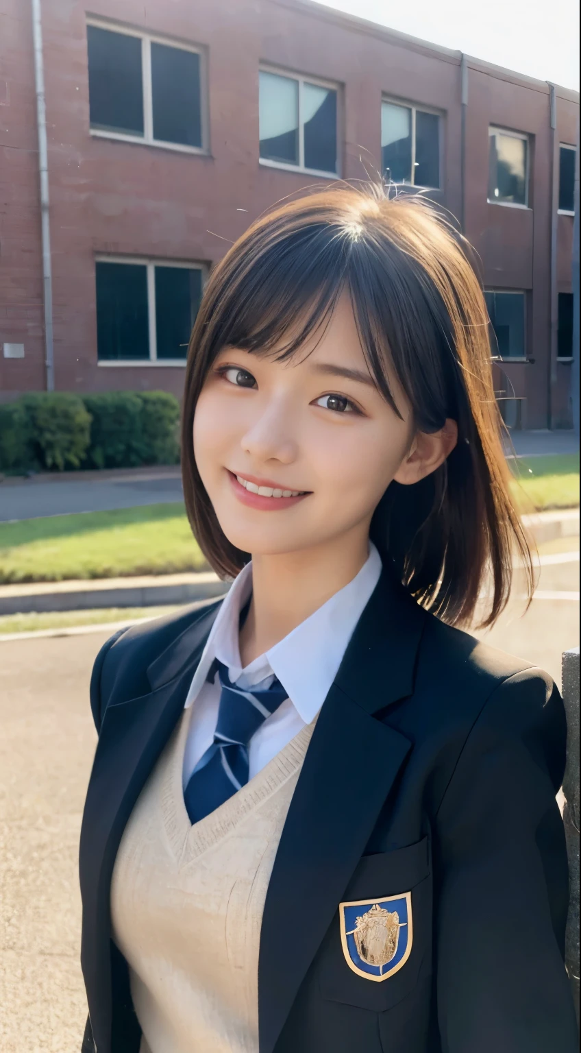 (highest quality,8K quality,masterpiece:1.3),(Super high resolution,Photoreal:1.4,Raw photo),(super detailed,caustics,detailed background),(ultra-realistic capture,Beautifully detailed skin,perfect anatomy),at dusk,sunset sky,school building,schoolyard,18-year-old,cute,single eyelid,black short bob,School Blazer Uniform,look at the camera,laughter,bust up shot,natural soft light