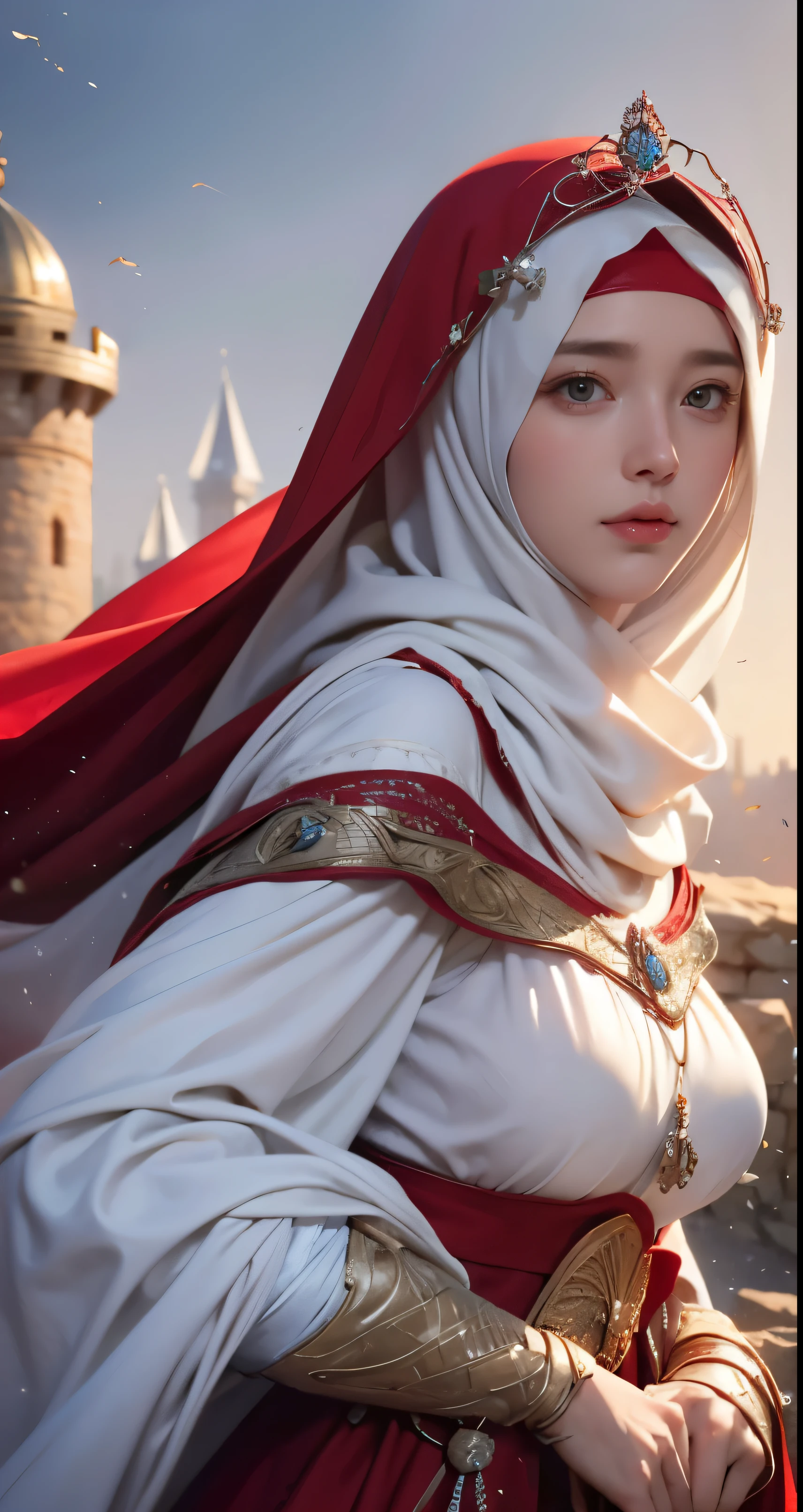 wearing a hijab  , around , (red hijab), tmasterpiece，Best quality at best，A high resolution，8K，((Portrait))，(upper body)，Original photo，real photograph，digital photography，(Female princess in the medieval fantasy style)，(Medieval princess in fantasy style), sexy princess ，blue eye， super huge colossal brest, round colossal breastAn extravagant ornament，cparted lips，Keep your mouth shuegant and charming，((Blushing))，naughty contempt，Calm and handsome，(Medieval fantasy dress，The Beautiful super huge round breast, small waist, perfect colossal breast of princess body, a red delicate pattern，white Cloak)，(princess)，medieval characters，medieval fantasy style，oc render reflection texture, sexy style,  sexy colossal breast , medieval castle background