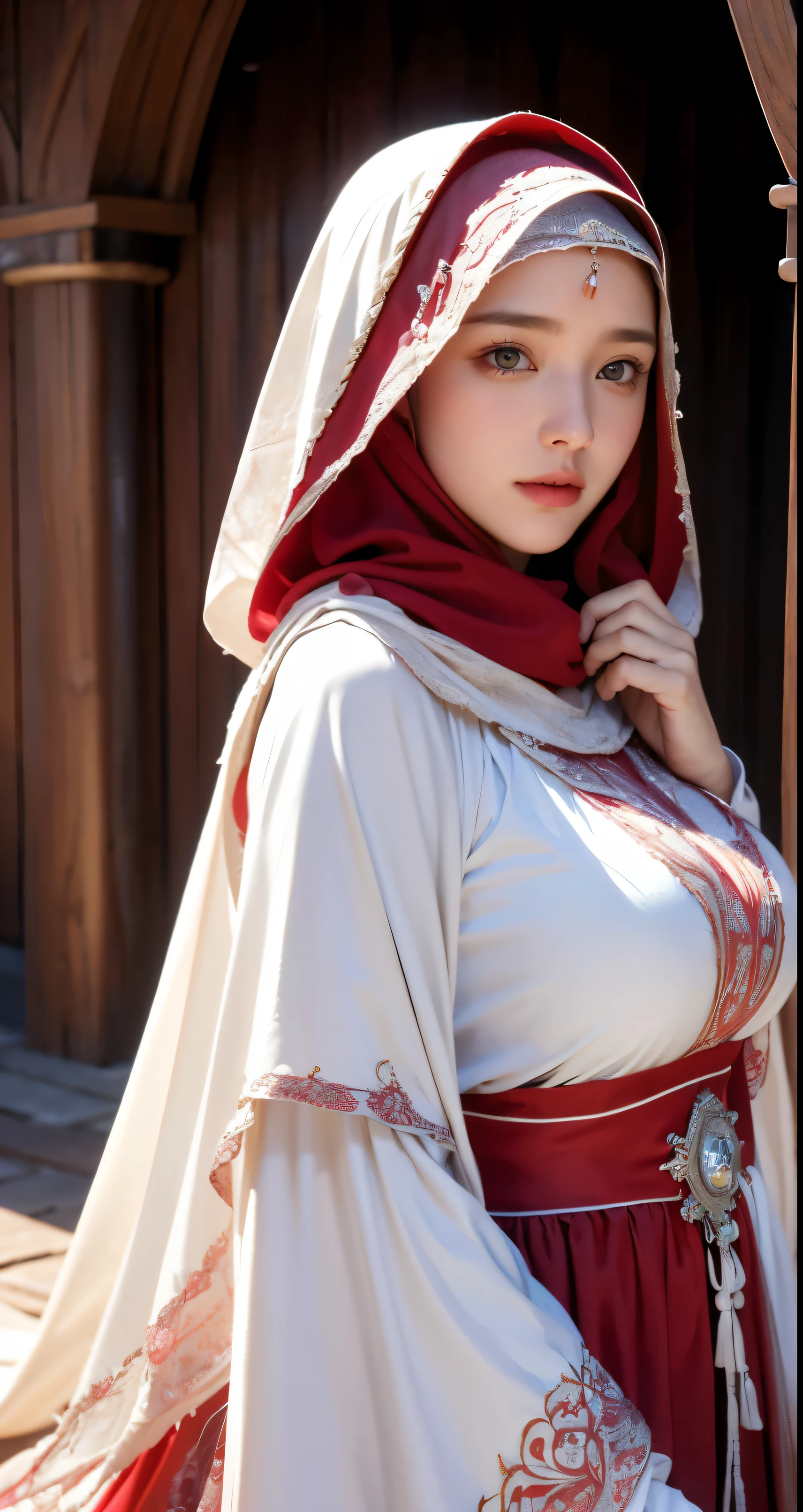 wearing a hijab , around , (red hijab), tmasterpiece,Best quality at best,A high resolution,8K,((Portrait)),(upper body),Original photo,real photograph,digital photography,(Female princess in the medieval fantasy style),(Medieval princess in fantasy style), sexy princess ,blue eye, super huge colossal brest, round colossal breastAn extravagant ornament,cparted lips,Keep your mouth shuegant and charming,((Blushing)),naughty contempt,Calm and handsome,(Medieval fantasy dress,The Beautiful super huge round breast, small waist, perfect colossal breast of princess body, a red delicate pattern,white Cloak),(princess),medieval characters,medieval fantasy style,oc render reflection texture, sexy style, sexy colossal breast , medieval castle background