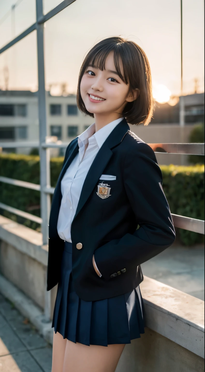 (highest quality,8K quality,masterpiece:1.3),(Super high resolution,Photoreal:1.4,Raw photo),(super detailed,caustics,detailed background),(ultra-realistic capture,Beautifully detailed skin,perfect anatomy),at dusk,sunset sky,school building,schoolyard,18-year-old,cute,single eyelid,black short bob,School Blazer Uniform,look at the camera,laughter,bust up shot,natural soft light