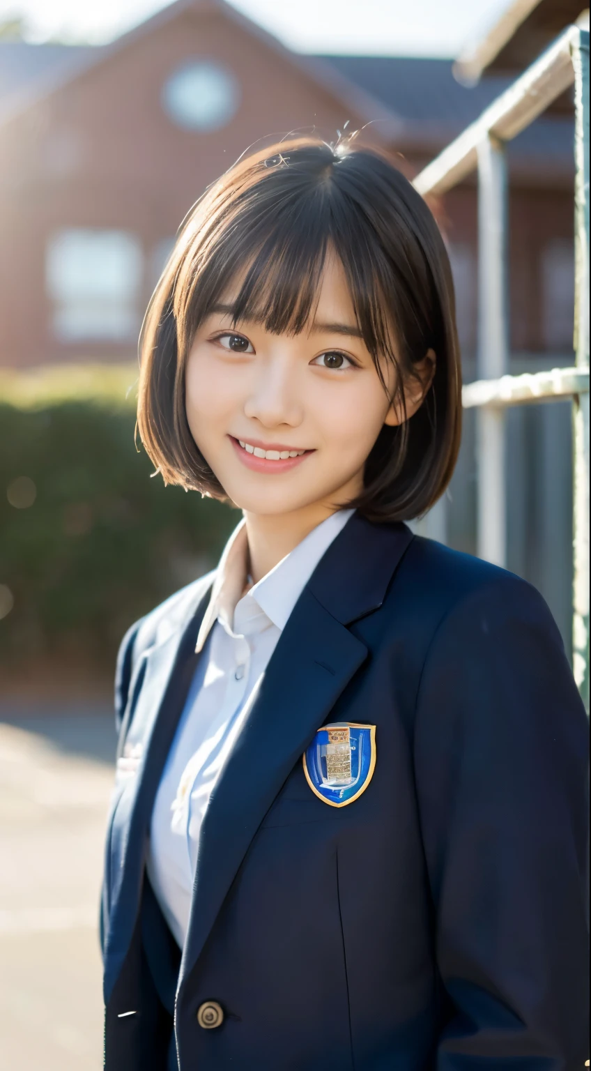 (highest quality,8K quality,masterpiece:1.3),(Super high resolution,Photoreal:1.4,Raw photo),(super detailed,caustics,detailed background),(ultra-realistic capture,Beautifully detailed skin,perfect anatomy),at dusk,sunset sky,school building,schoolyard,18-year-old,cute,single eyelid,black short bob,School Blazer Uniform,look at the camera,laughter,bust up shot,natural soft light