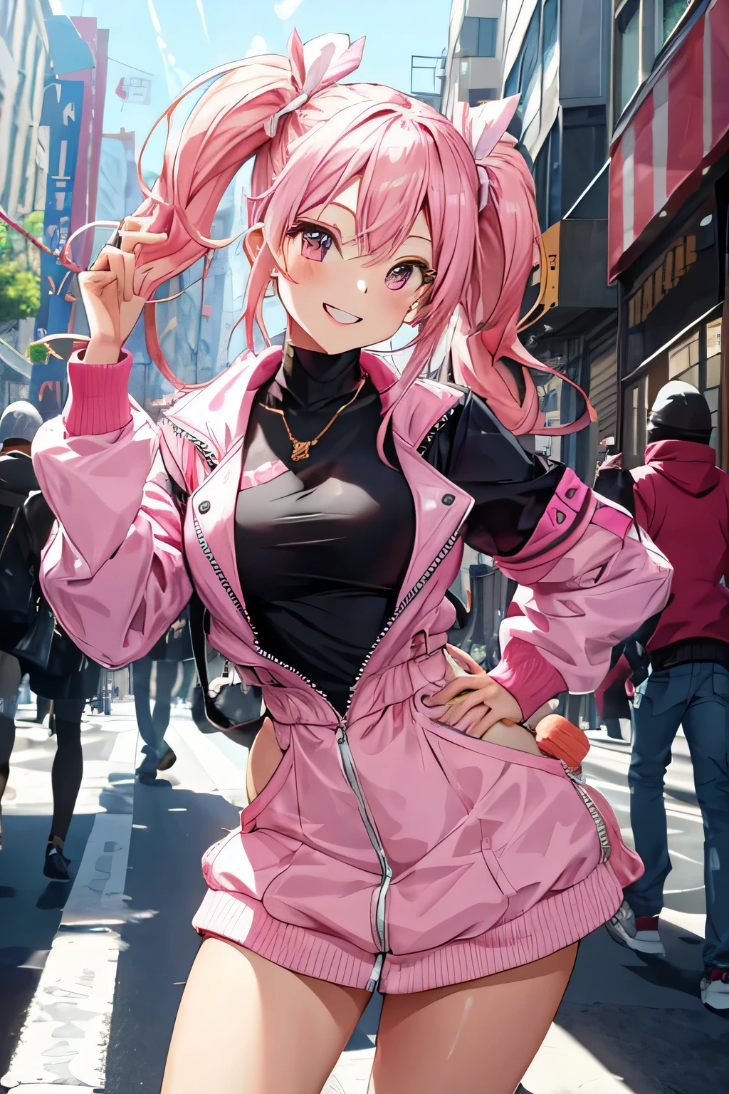 Visualize an image of a girl exuding confidence and style as she struts through the vibrant streets in a chic pink jacket. Envision her sporting twin tails dyed a matching shade of pink, adding a playful flair to her hip-hop-inspired look. Picture her immersed in the rhythm of the city, her movements fluid and energetic as she dances to the beat of the music. With a radiant smile on her face and an air of effortless coolness, she captivates everyone she passes, spreading joy and energy throughout the bustling streets