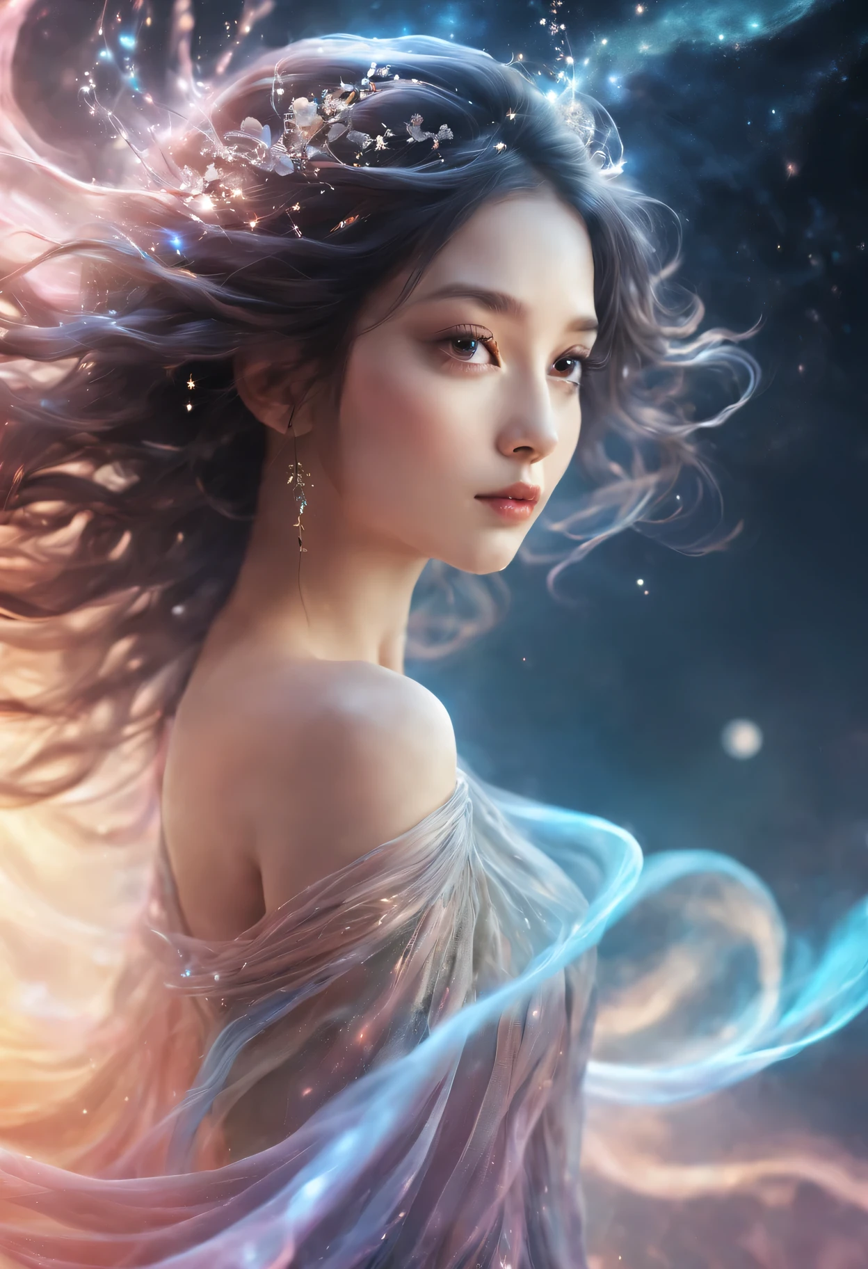 (best quality,high resolution,masterpiece:1.2),Super detailed,Translucent and elegant female figures float in a mesmerizing celestial space,organic streamlines,Subtle glowing aura,bright colors,pastel tones,Brilliant lighting effects,celestial bodies and stars,cosmic dust particles,faint nebula,flowy sheer dress,Beautiful and smooth body posture,Loose flowing hair,Long curly eyelashes and charming eyes