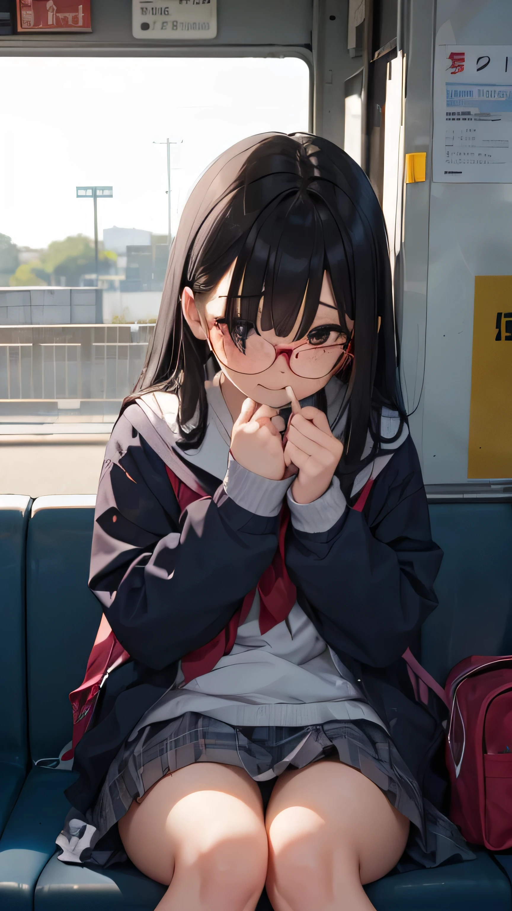 summer、station platformでWaiting for the train、thick、Sweat、、high school girl、summer服のセーラー服、student bag、、low length、(((((Eyes hidden by long bangs)))))、(((freckles、long black hair:1.2　hair band)))(((Black Rim Glasses:1.2　black eye)))、strong sunlight、thicksummerの昼間、station platform、Waiting for the train、looking here、Side view、whole body