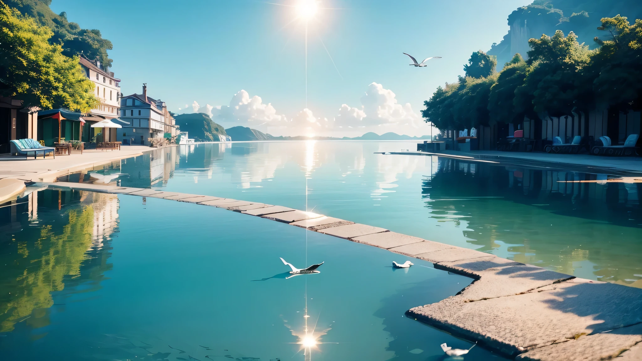 high quality,High image quality,1080P,Ocean,From the shore towards Ocean level,clear sky,in calm water,imagine,Clear,One Way,Water flooded the sidewalk,cobblestones,sun,blue sky,Baiyun,glow,reflected light from water,Oceangull, Minimalism