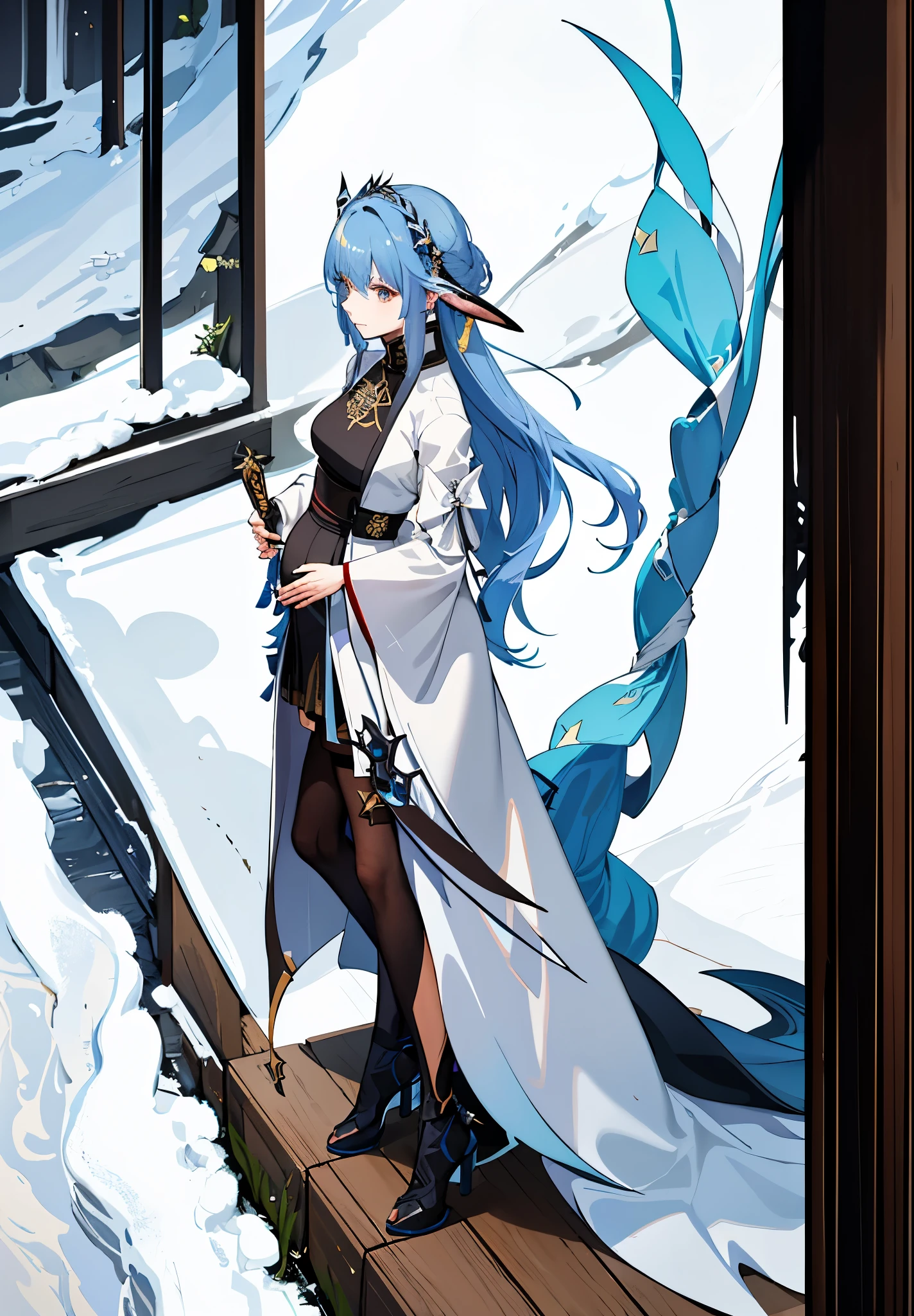 a woman in a dress holding a dagger and a dagger, video game character, from arknights, fox nobushi holding a dagger, hajime yatate, keqing from genshin impact, blue haired deity, with small sword, ayaka genshin impact, female action anime girl, official character art, anime character, pregnant anime girl, fetus