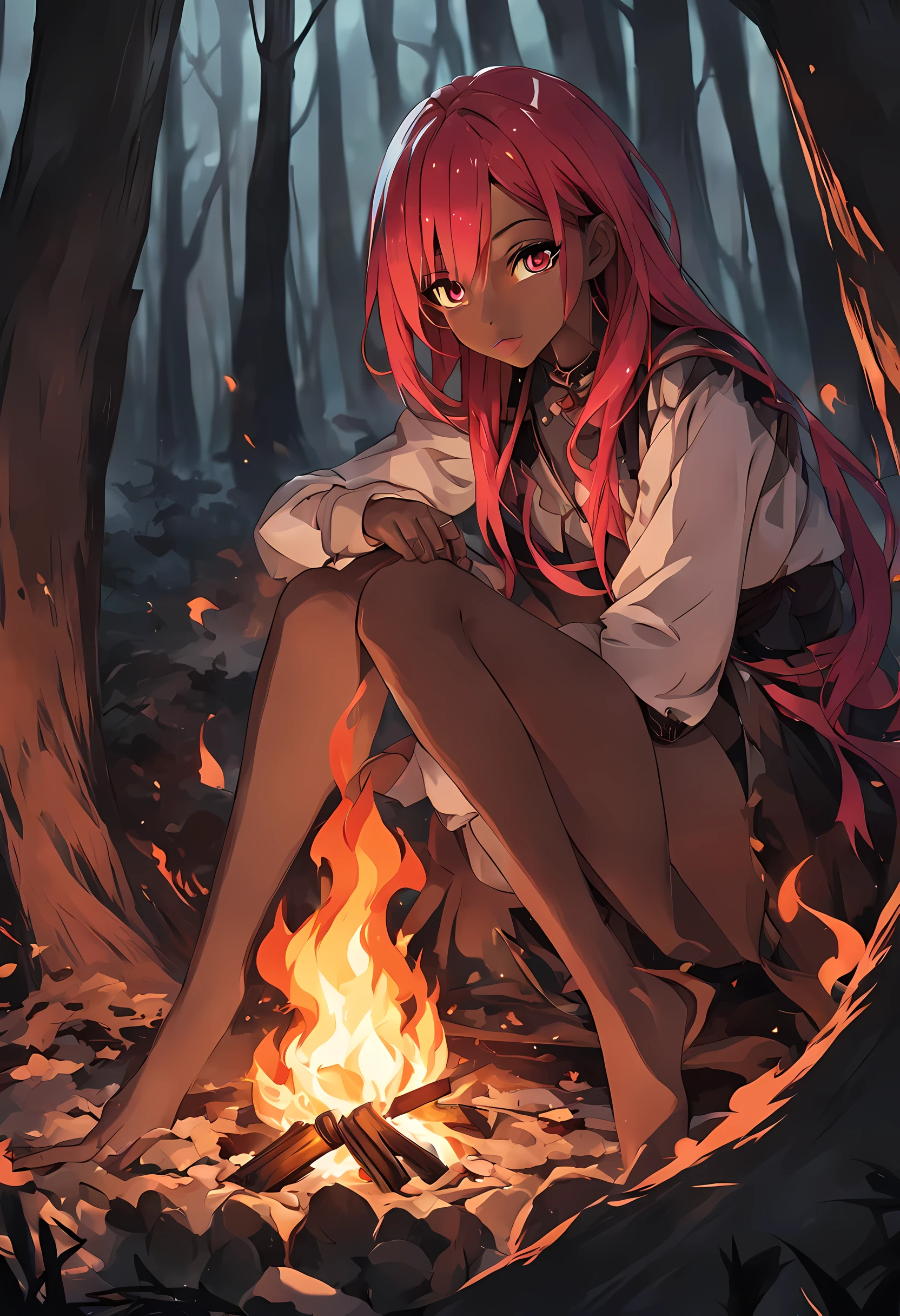 beautiful dark skinned girl, bright pink eyes, fiery red hair, sitting around a campfire in a dark forest